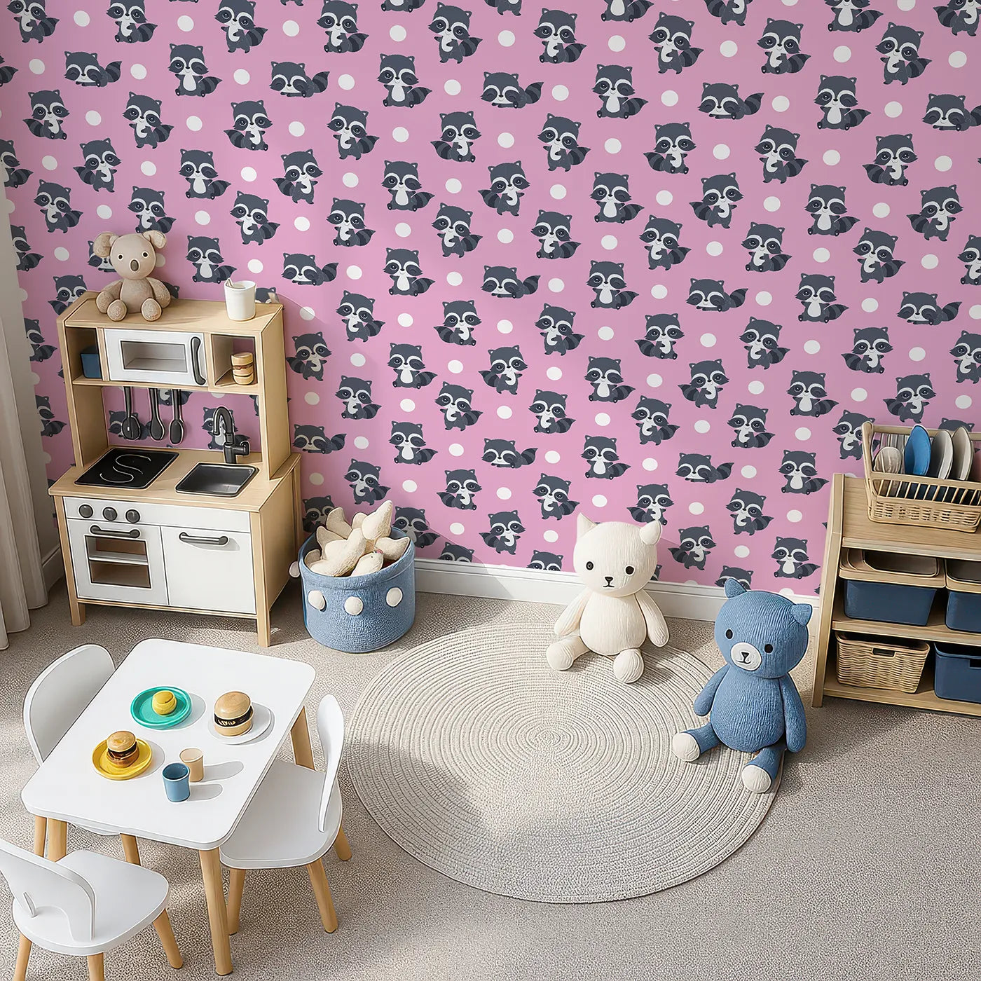 Top-Down view of Whimsy Tots' Playful Raccoon Parade Wallpaper in Pink (W3027A).Charming raccoons and cheerful dots make every wall come alive with joy.