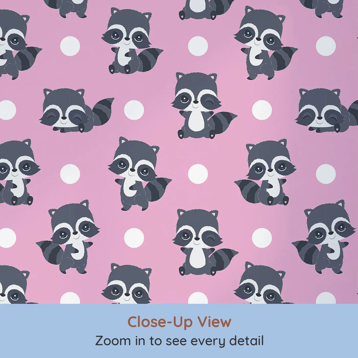 Close-up view of Whimsy Tots' Playful Raccoon Parade Wallpaper in Pink (W3027A).Charming raccoons and cheerful dots make every wall come alive with joy.