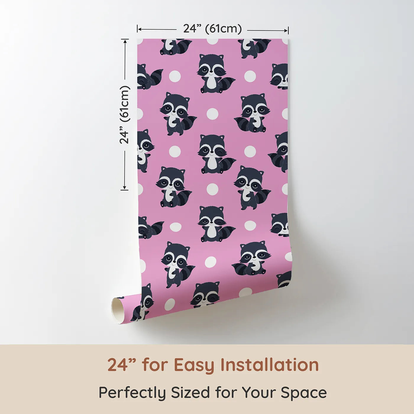 Dimension view of Whimsy Tots Playful Raccoon Parade Wallpaper in Pink (W3027A). Printed in 24-inch-wide panel for easy installation. Charming raccoons and cheerful dots make every wall come alive with joy.