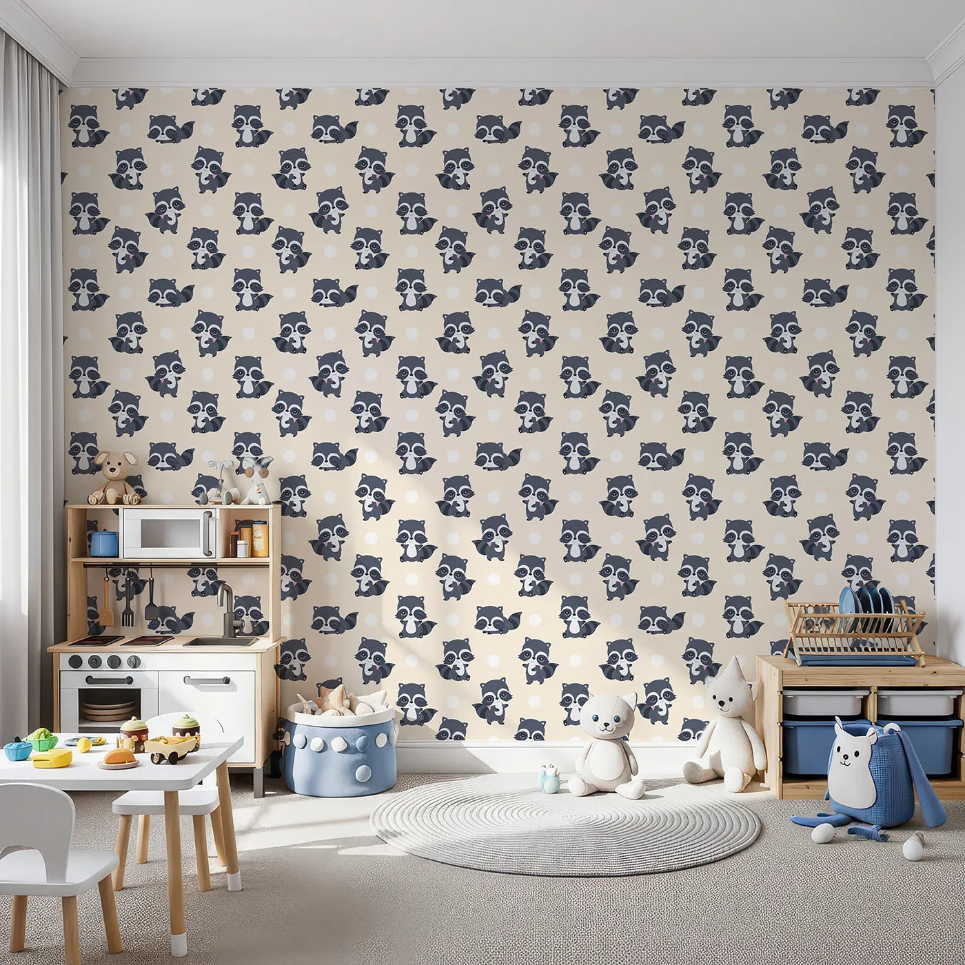Front view of Whimsy Tots' Playful Raccoon Parade Wallpaper in Cream