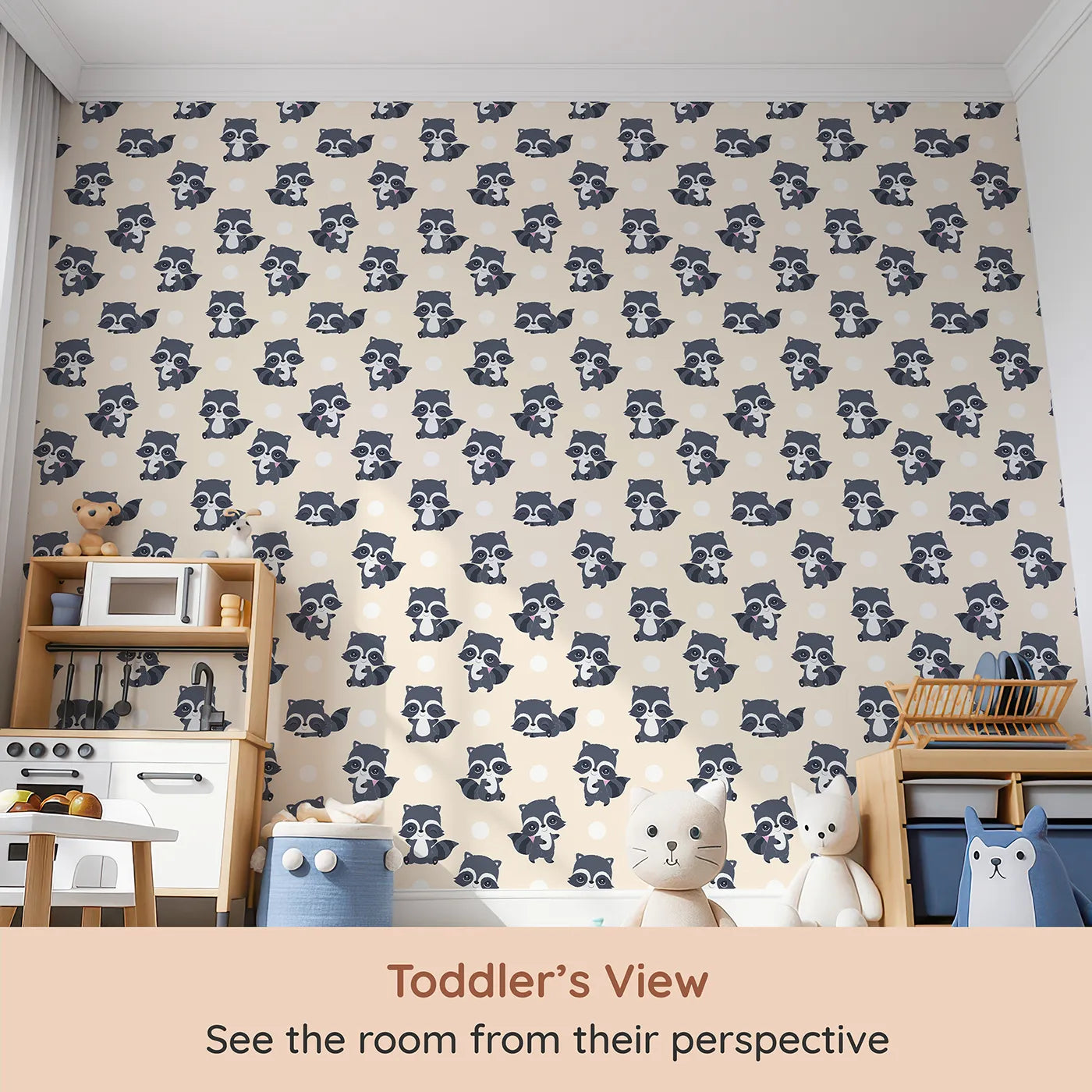 Whimsy Tots Playful Raccoon Parade Wallpaper in Cream (W3027B) from your child's view.Charming raccoons and cheerful dots make every wall come alive with joy.