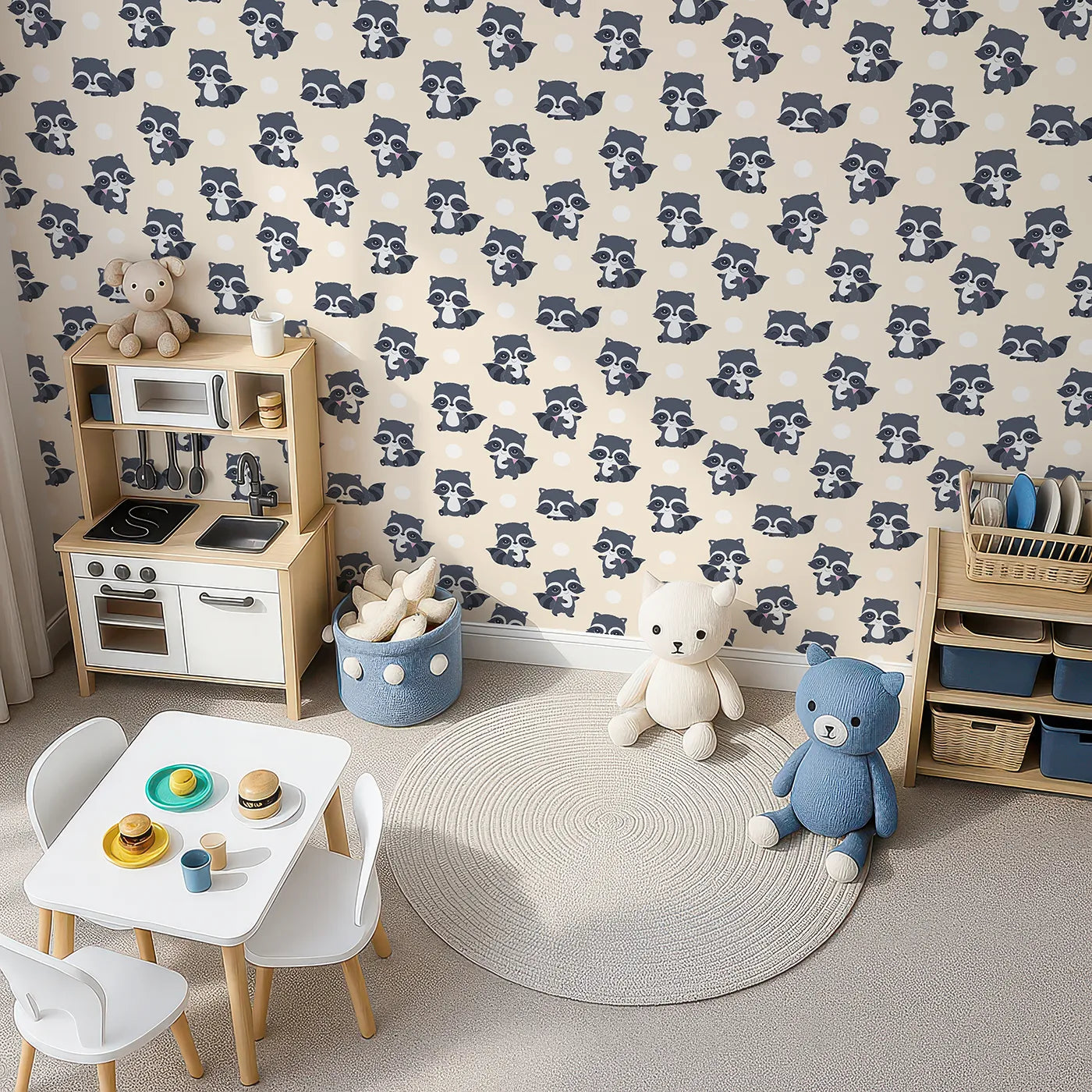 Top-Down view of Whimsy Tots' Playful Raccoon Parade Wallpaper in Cream (W3027B).Charming raccoons and cheerful dots make every wall come alive with joy.