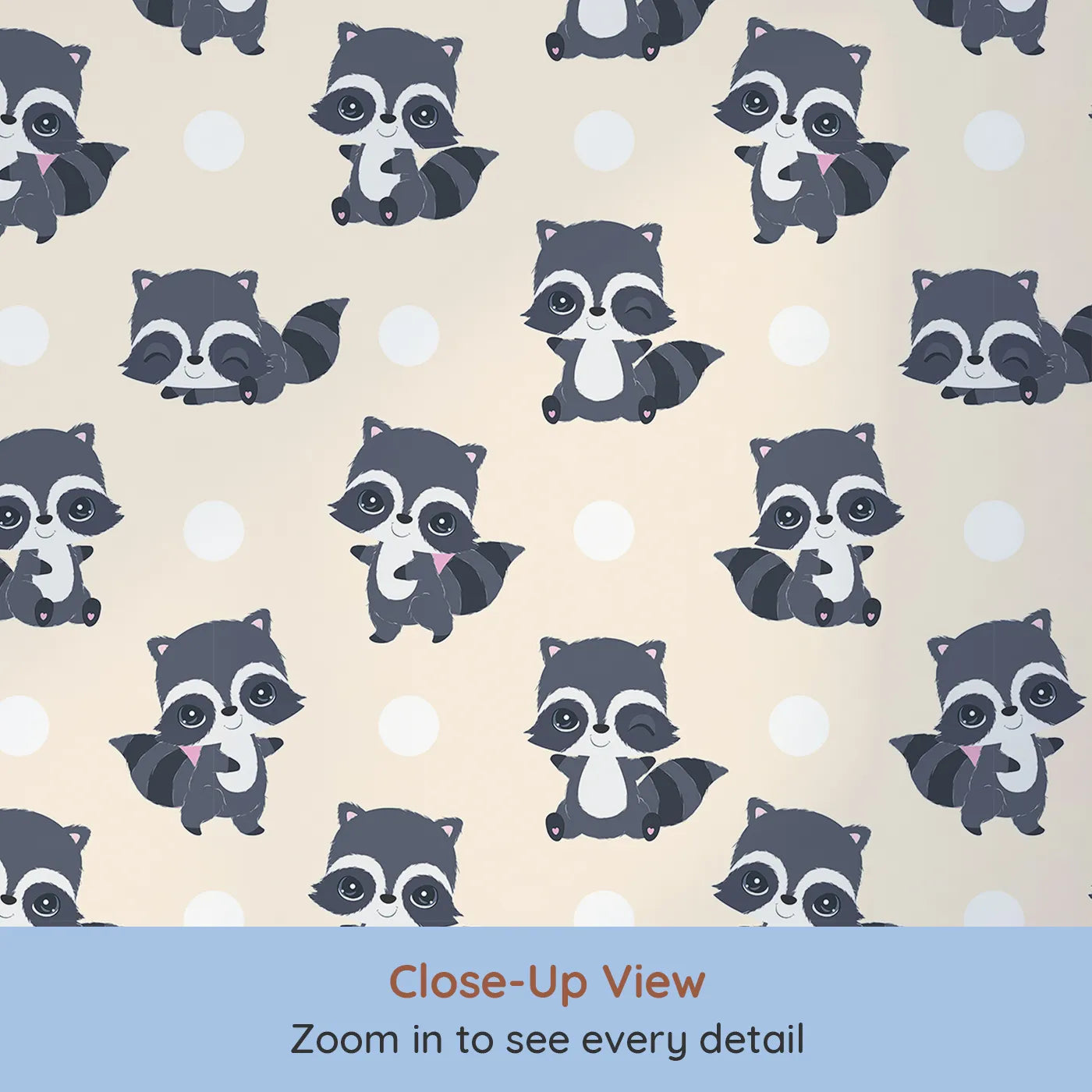 Close-up view of Whimsy Tots' Playful Raccoon Parade Wallpaper in Cream (W3027B).Charming raccoons and cheerful dots make every wall come alive with joy.