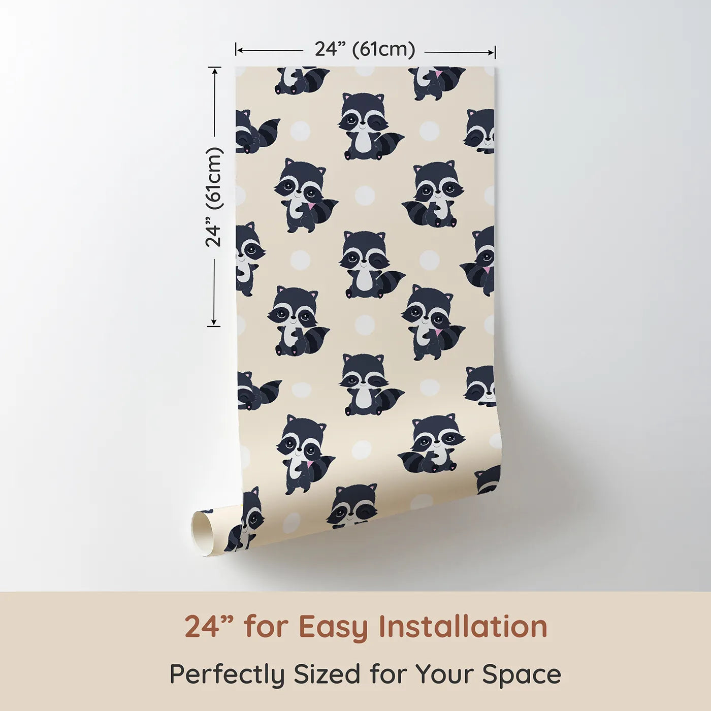 Dimension view of Whimsy Tots Playful Raccoon Parade Wallpaper in Cream (W3027B). Printed in 24-inch-wide panel for easy installation. Charming raccoons and cheerful dots make every wall come alive with joy.