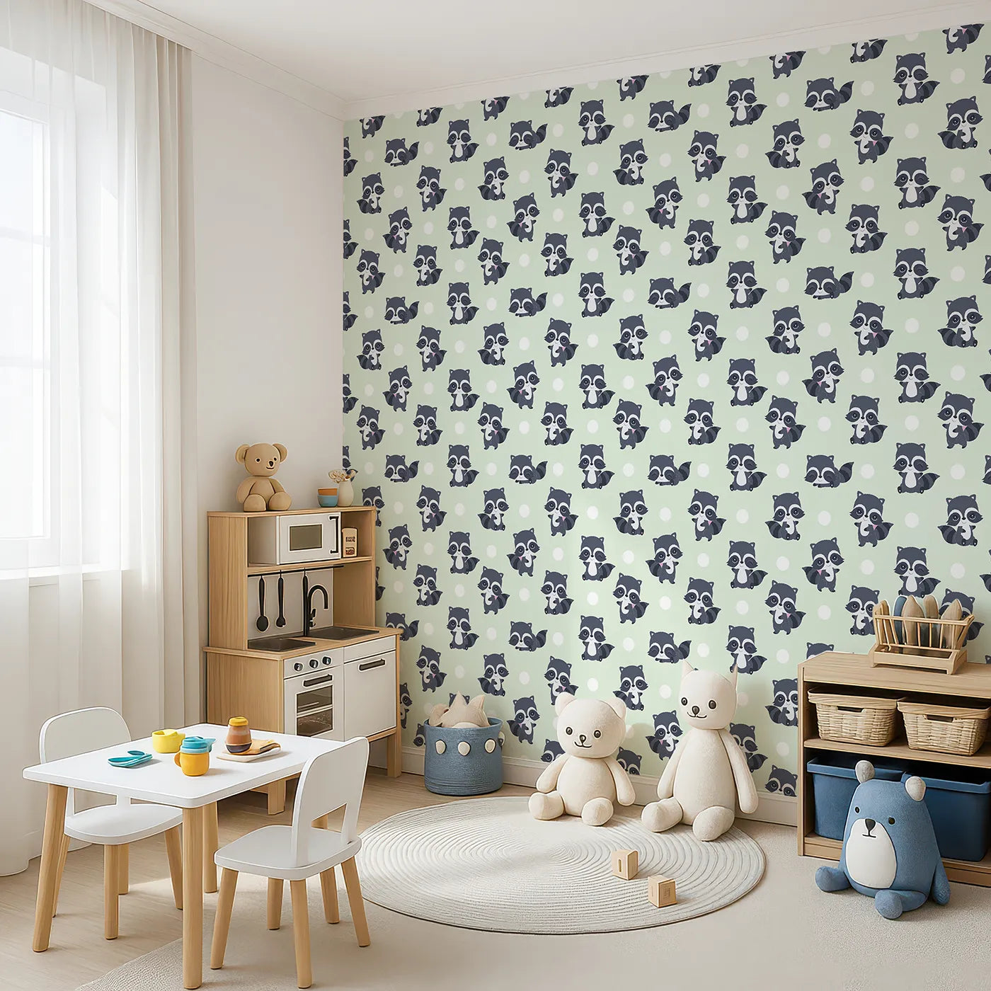 Angled view of Whimsy Tots' Playful Raccoon Parade Wallpaper in Green (W3027C).Charming raccoons and cheerful dots make every wall come alive with joy.