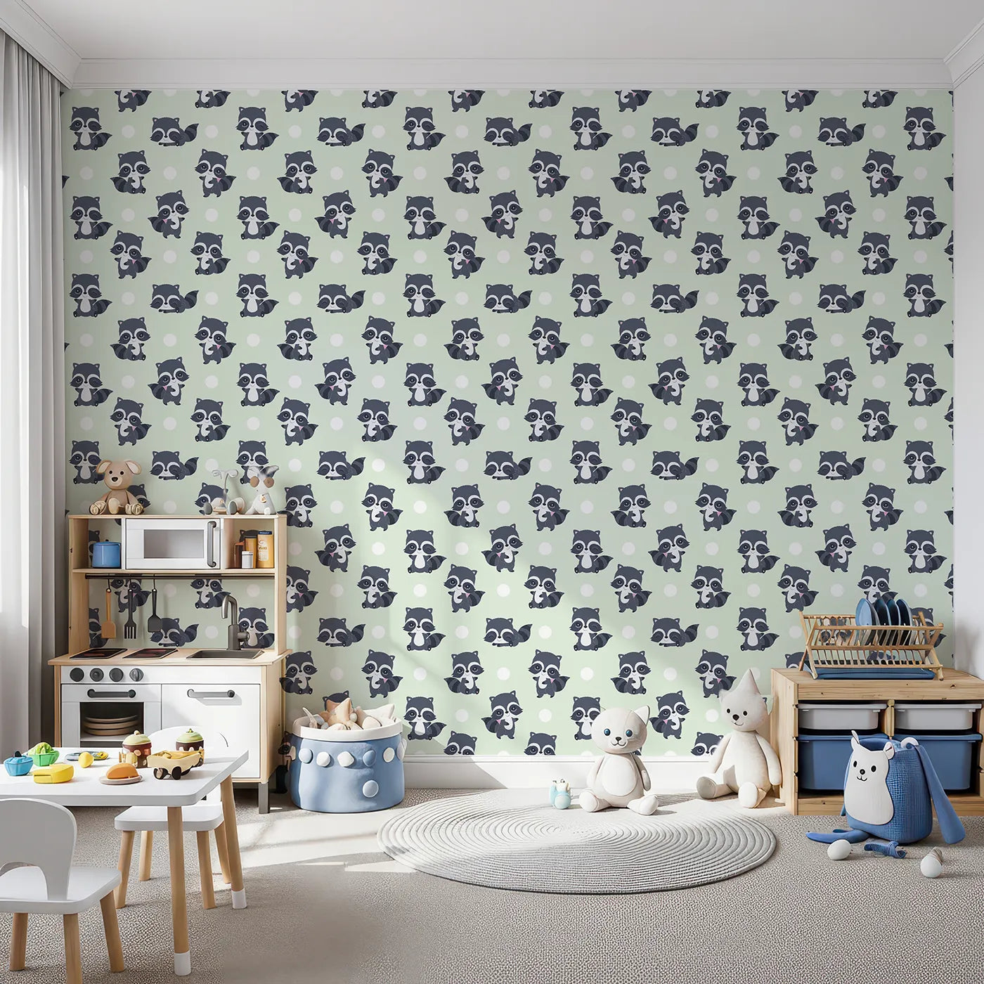 Front view of Whimsy Tots' Playful Raccoon Parade Wallpaper in Green