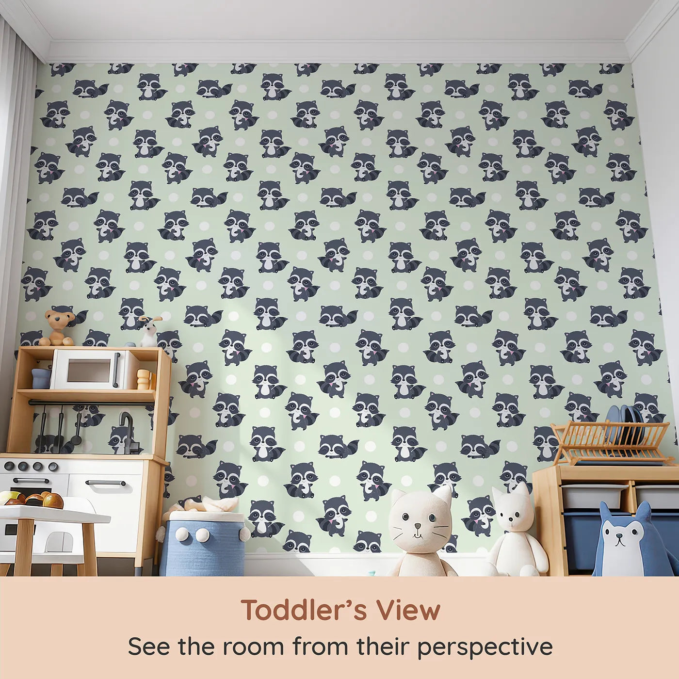 Whimsy Tots Playful Raccoon Parade Wallpaper in Green (W3027C) from your child's view.Charming raccoons and cheerful dots make every wall come alive with joy.