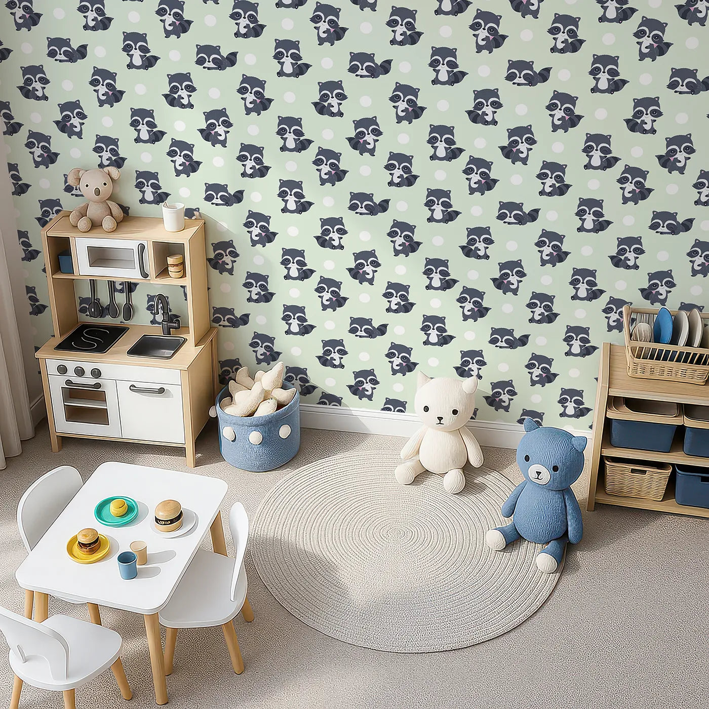 Top-Down view of Whimsy Tots' Playful Raccoon Parade Wallpaper in Green (W3027C).Charming raccoons and cheerful dots make every wall come alive with joy.