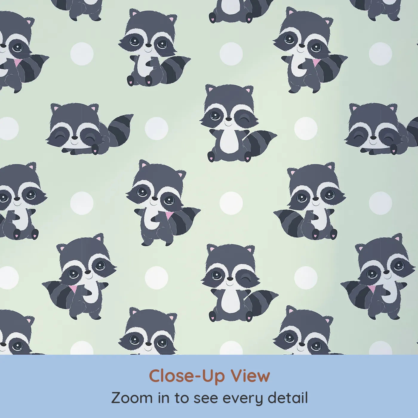 Close-up view of Whimsy Tots' Playful Raccoon Parade Wallpaper in Green (W3027C).Charming raccoons and cheerful dots make every wall come alive with joy.