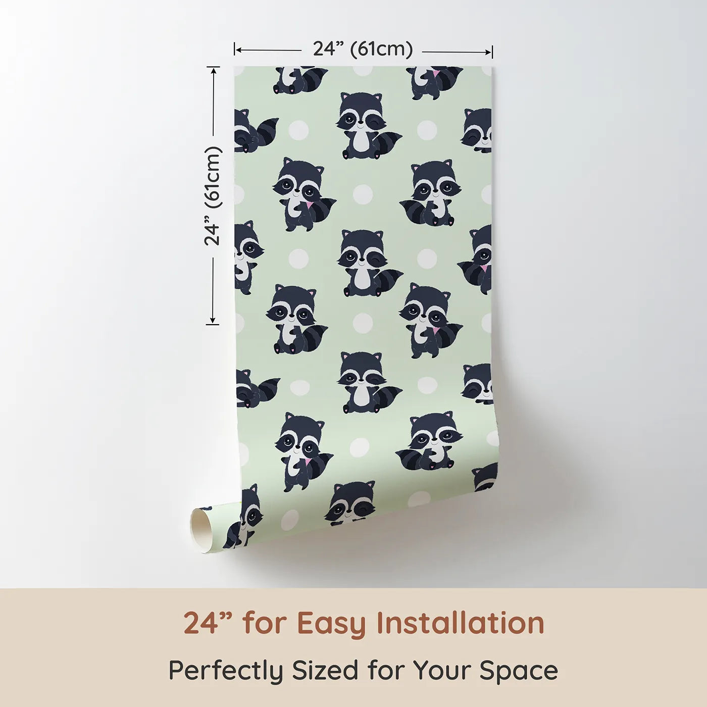 Dimension view of Whimsy Tots Playful Raccoon Parade Wallpaper in Green (W3027C). Printed in 24-inch-wide panel for easy installation. Charming raccoons and cheerful dots make every wall come alive with joy.