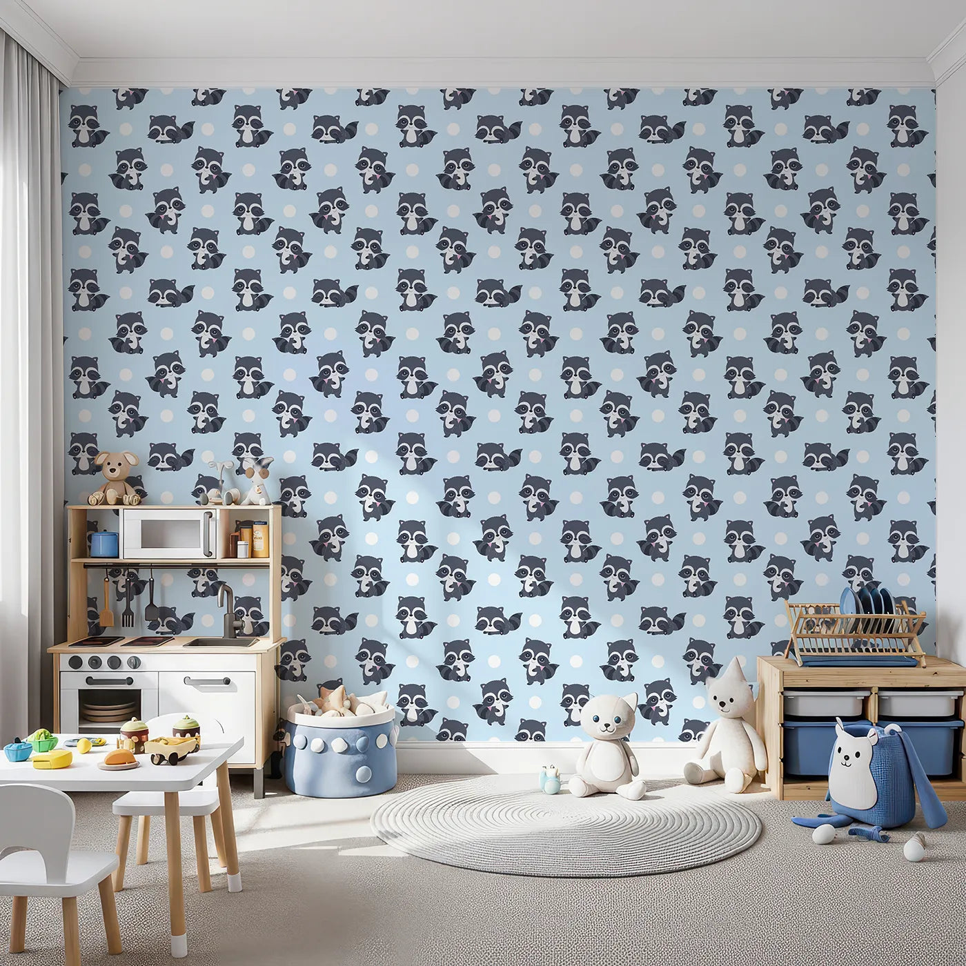 Front view of Whimsy Tots' Playful Raccoon Parade Wallpaper in Blue