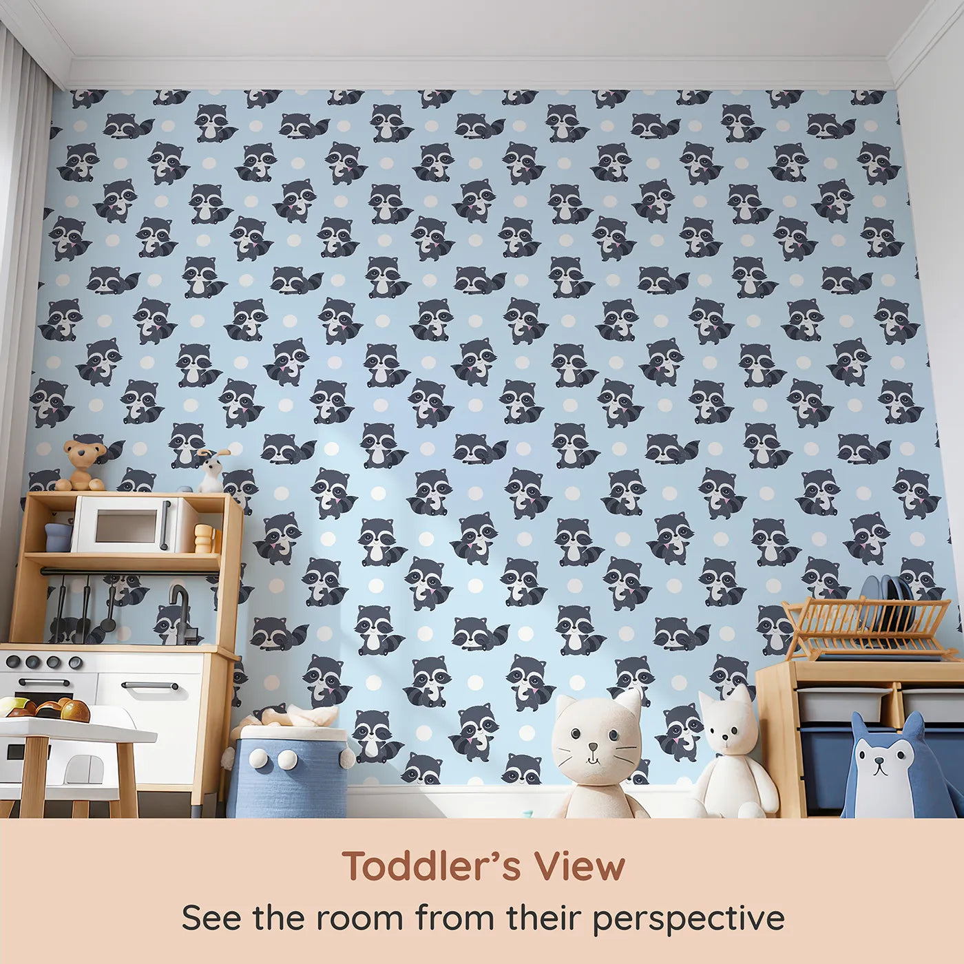 Whimsy Tots Playful Raccoon Parade Wallpaper in Blue (W3027D) from your child's view.Charming raccoons and cheerful dots make every wall come alive with joy.