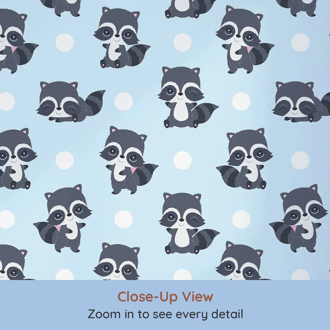Close-up view of Whimsy Tots' Playful Raccoon Parade Wallpaper in Blue (W3027D).Charming raccoons and cheerful dots make every wall come alive with joy.