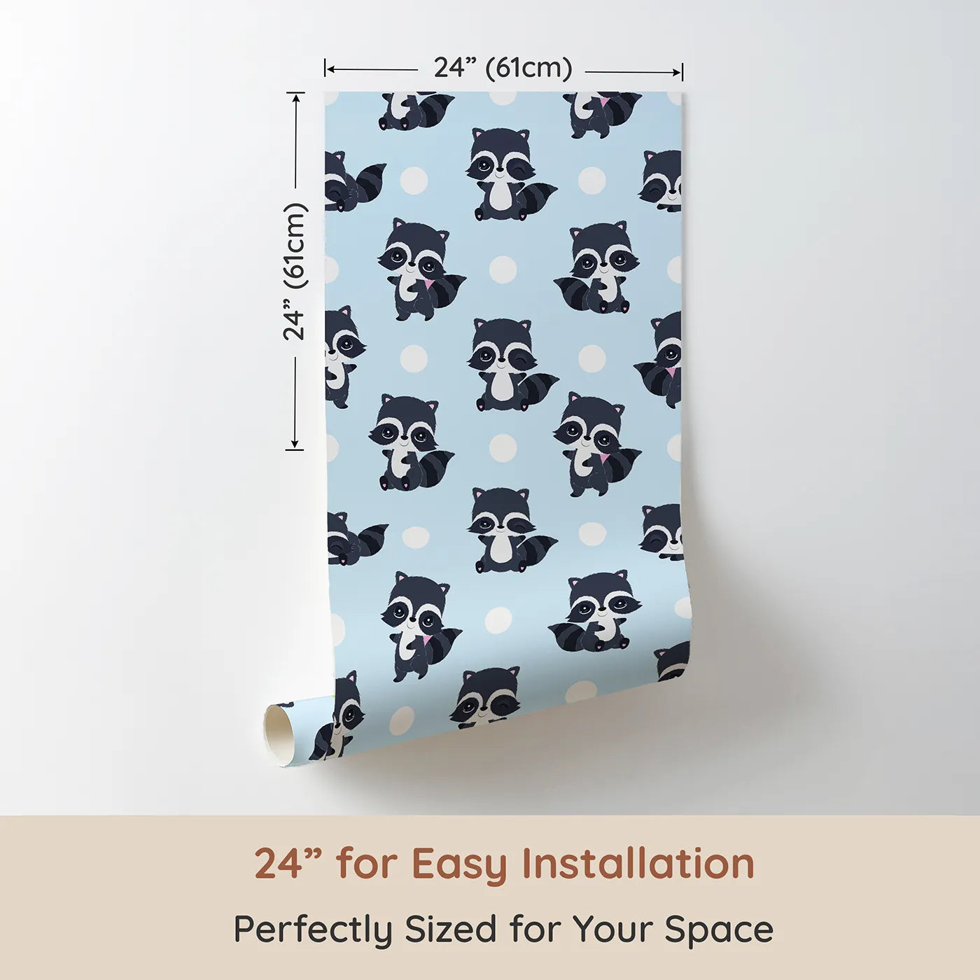 Dimension view of Whimsy Tots Playful Raccoon Parade Wallpaper in Blue (W3027D). Printed in 24-inch-wide panel for easy installation. Charming raccoons and cheerful dots make every wall come alive with joy.