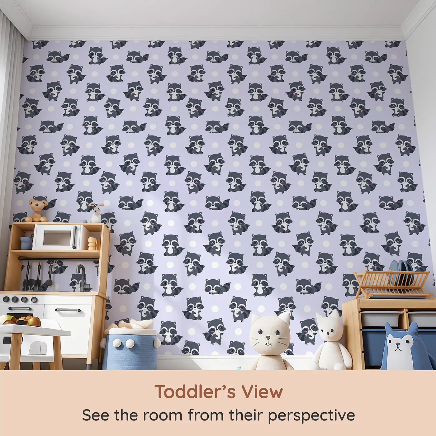 Whimsy Tots Playful Raccoon Parade Wallpaper in Purple (W3027E) from your child's view.Charming raccoons and cheerful dots make every wall come alive with joy.