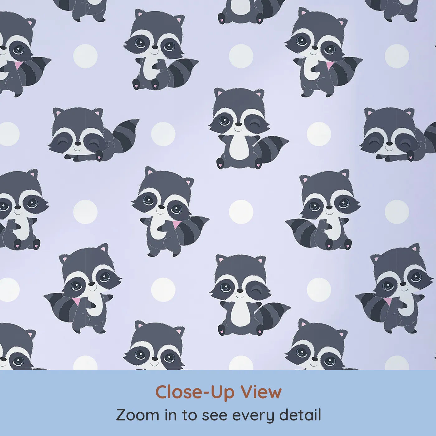 Close-up view of Whimsy Tots' Playful Raccoon Parade Wallpaper in Purple (W3027E).Charming raccoons and cheerful dots make every wall come alive with joy.