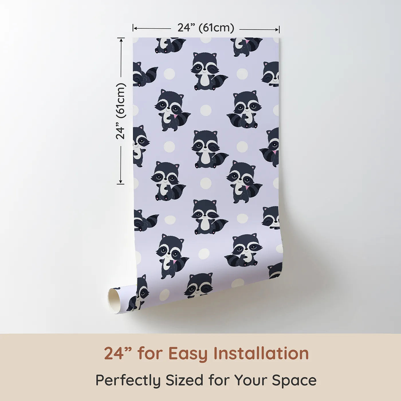 Dimension view of Whimsy Tots Playful Raccoon Parade Wallpaper in Purple (W3027E). Printed in 24-inch-wide panel for easy installation. Charming raccoons and cheerful dots make every wall come alive with joy.