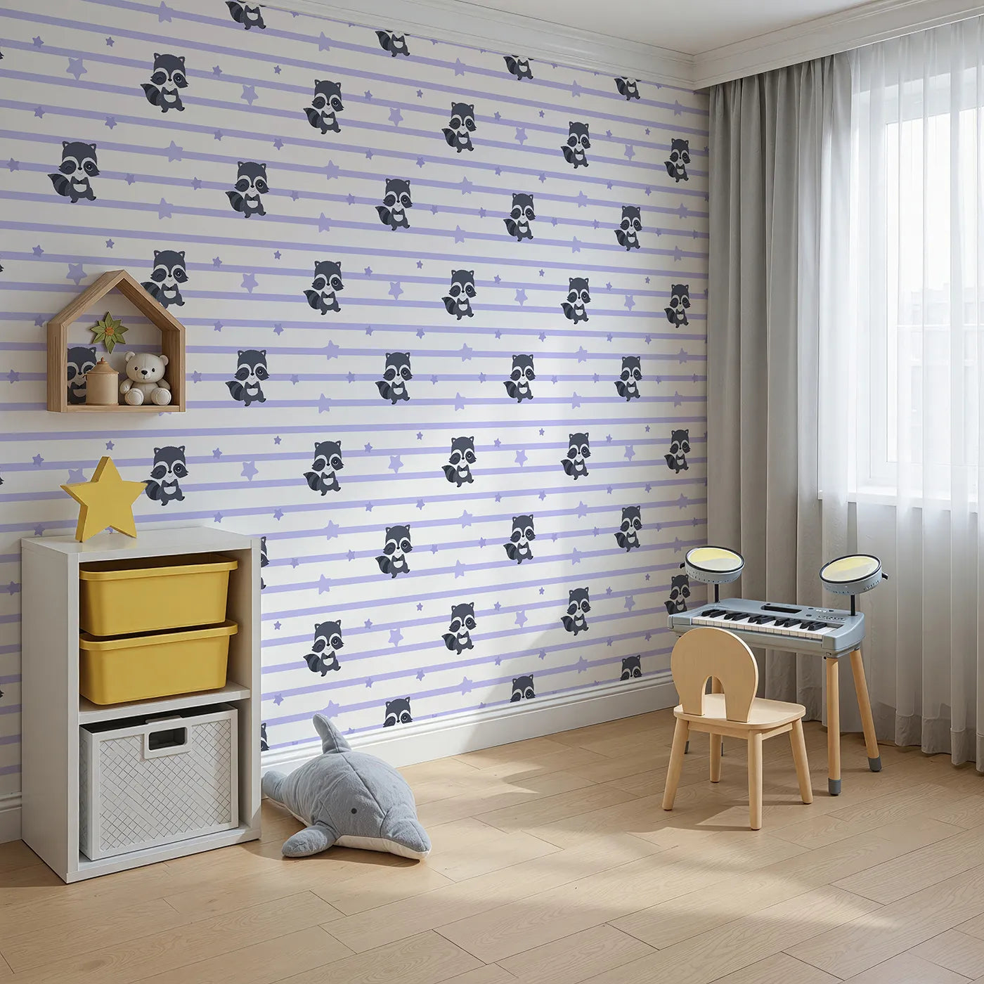 Angled view of Whimsy Tots' Starlit Raccoon Stripes Wallpaper in Lavender (W3028A).Winking raccoons and gentle stars line up for a bedtime adventure.