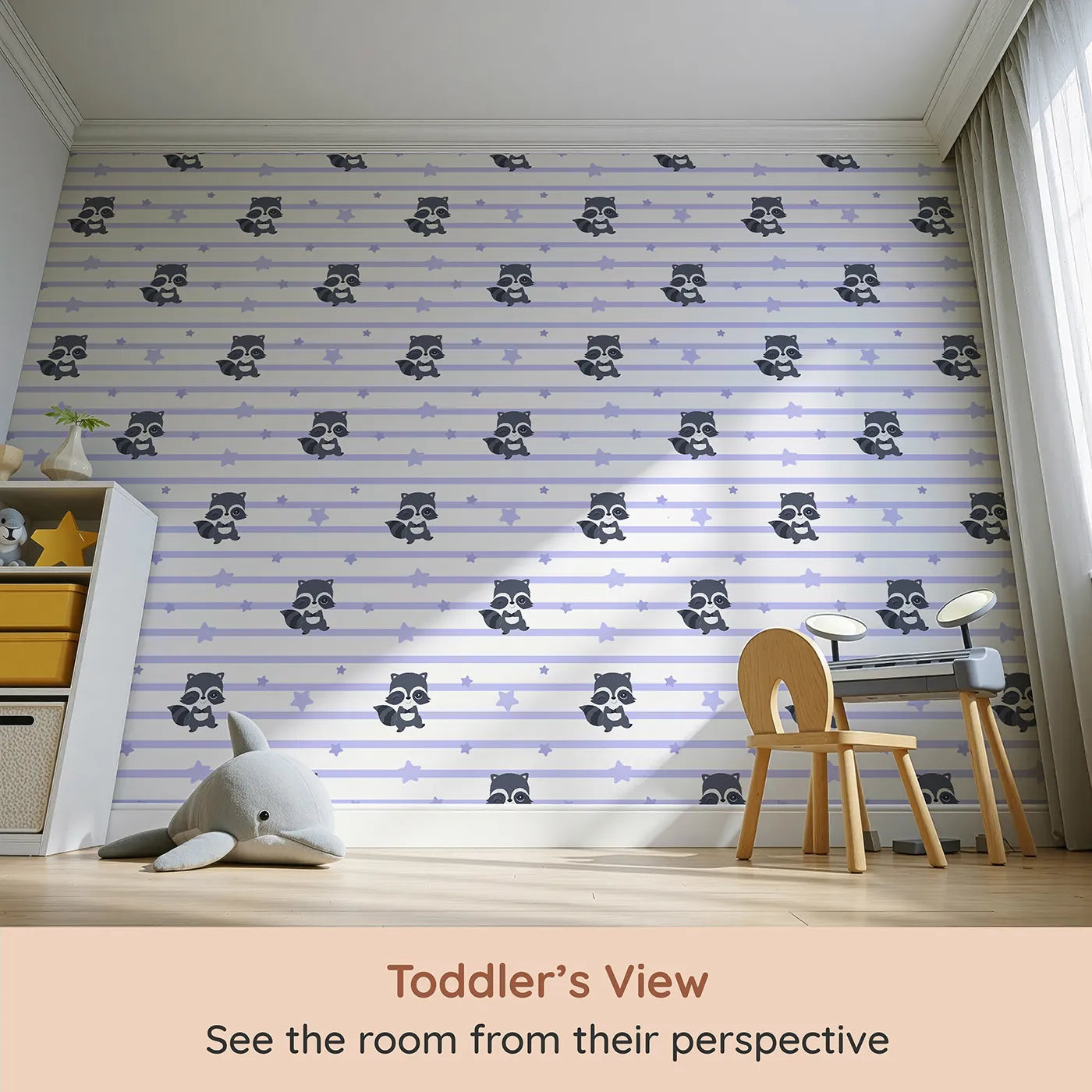 Whimsy Tots Starlit Raccoon Stripes Wallpaper in Lavender (W3028A) from your child's view.Winking raccoons and gentle stars line up for a bedtime adventure.