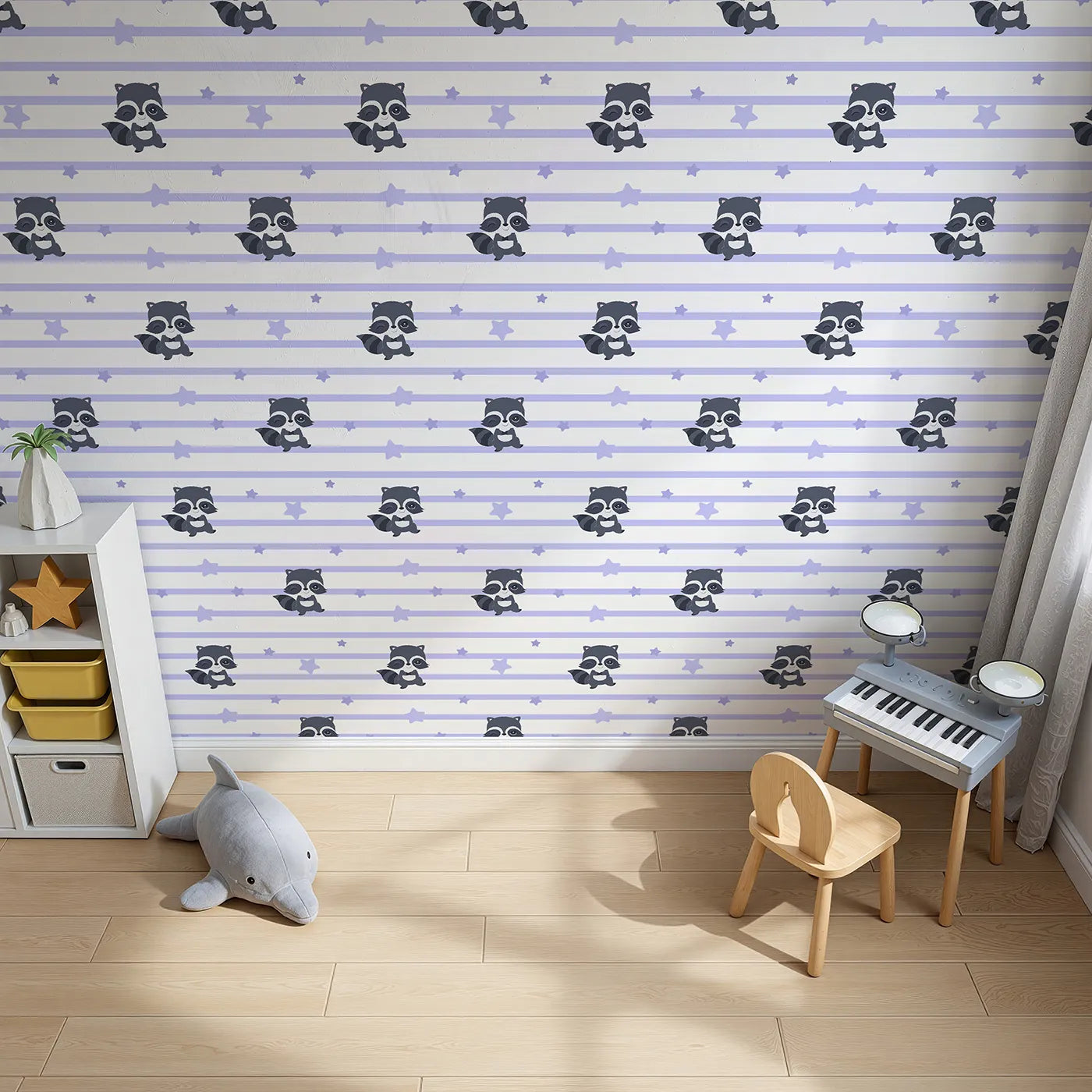 Top-Down view of Whimsy Tots' Starlit Raccoon Stripes Wallpaper in Lavender (W3028A).Winking raccoons and gentle stars line up for a bedtime adventure.