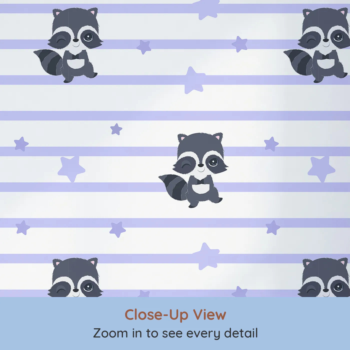 Close-up view of Whimsy Tots' Starlit Raccoon Stripes Wallpaper in Lavender (W3028A).Winking raccoons and gentle stars line up for a bedtime adventure.