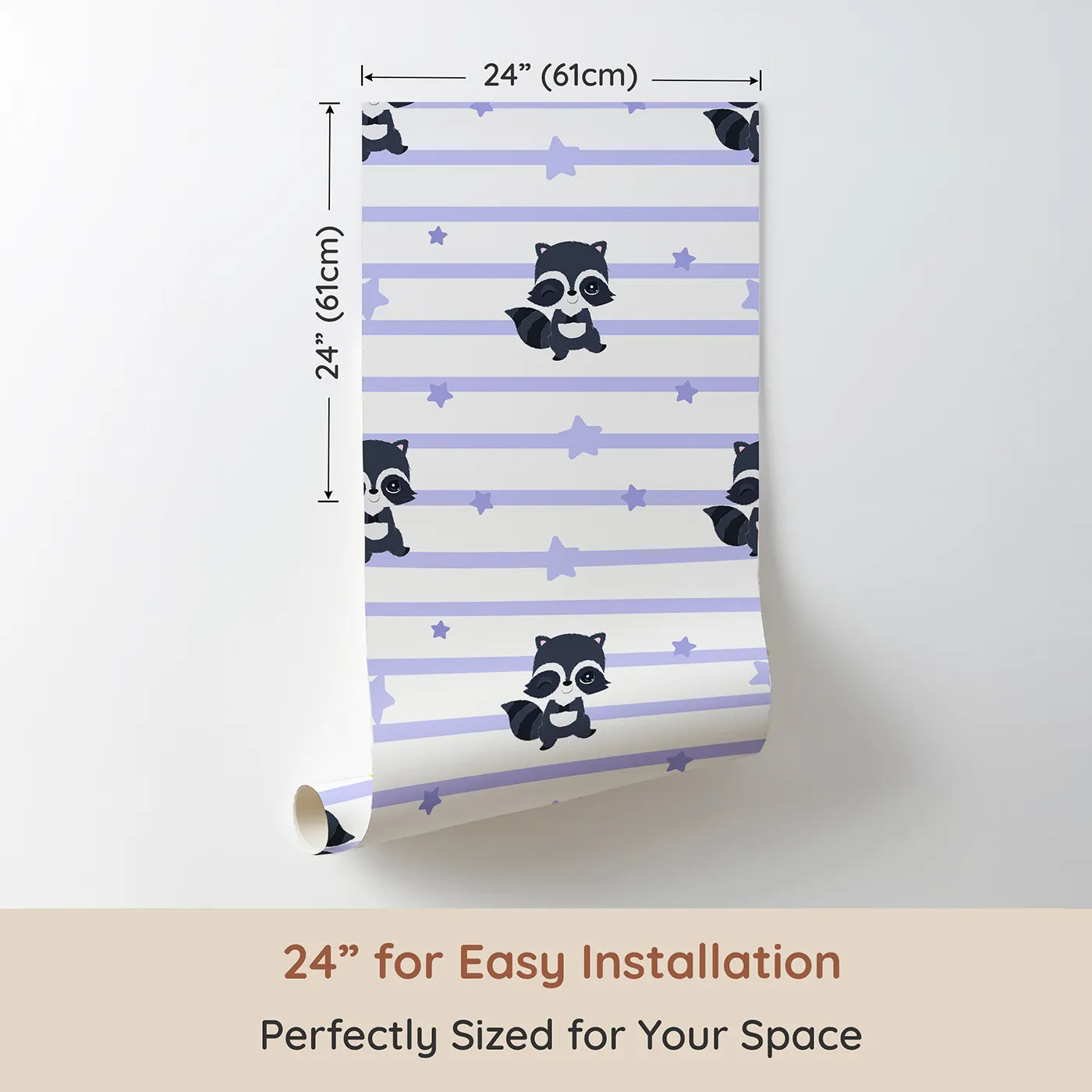 Dimension view of Whimsy Tots Starlit Raccoon Stripes Wallpaper in Lavender (W3028A). Printed in 24-inch-wide panel for easy installation. Winking raccoons and gentle stars line up for a bedtime adventure.