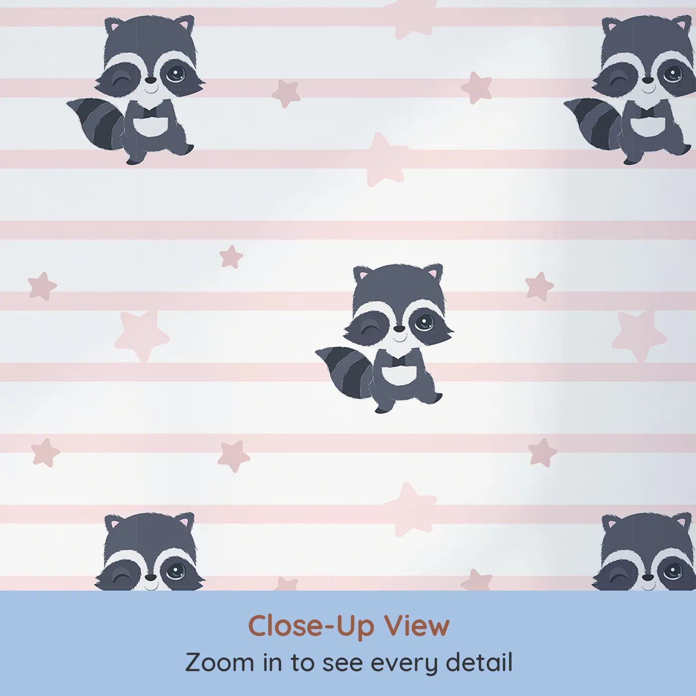 Close-up view of Whimsy Tots' Starlit Raccoon Stripes Wallpaper in Pink (W3028B).Winking raccoons and gentle stars line up for a bedtime adventure.