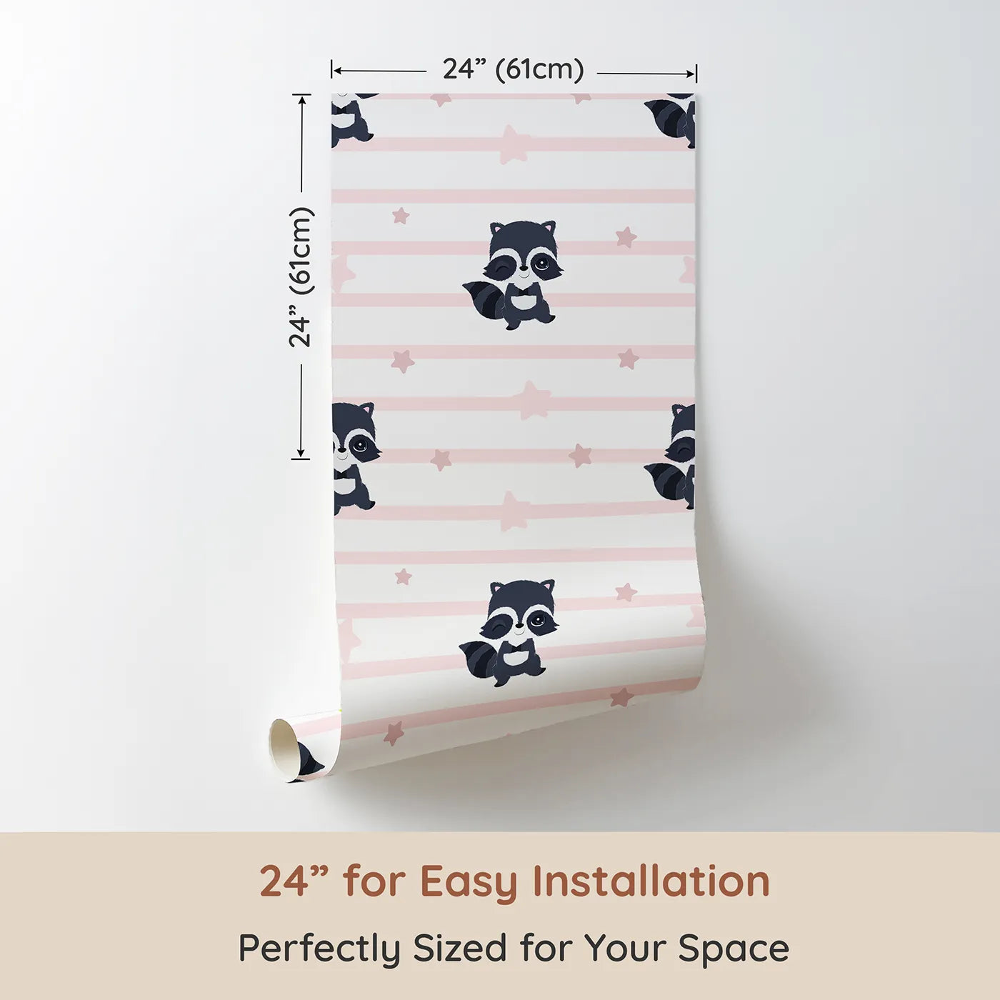 Dimension view of Whimsy Tots Starlit Raccoon Stripes Wallpaper in Pink (W3028B). Printed in 24-inch-wide panel for easy installation. Winking raccoons and gentle stars line up for a bedtime adventure.