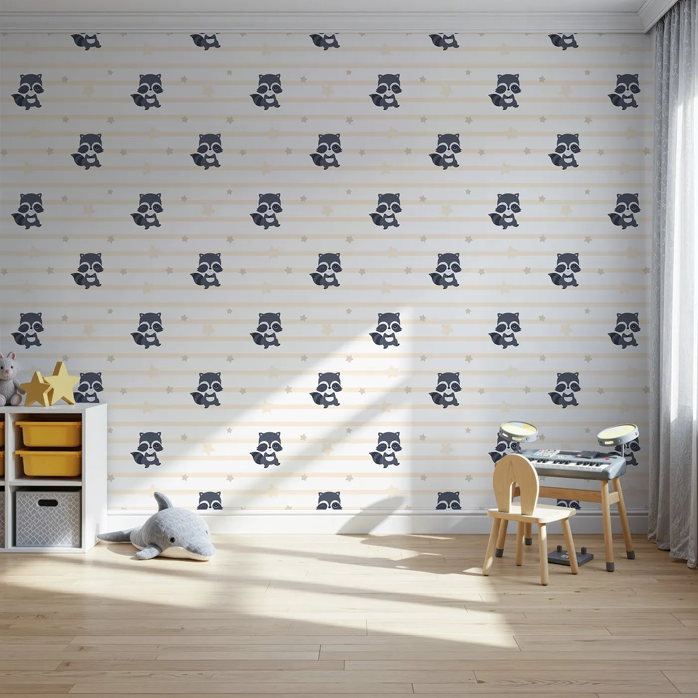 Front view of Whimsy Tots' Starlit Raccoon Stripes Wallpaper in Cream