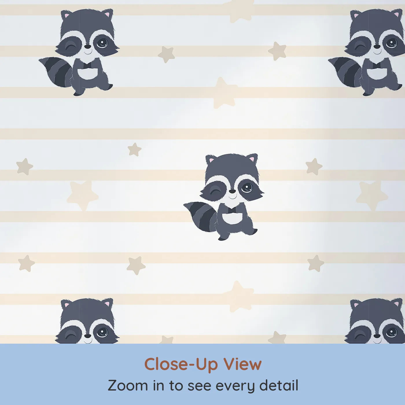 Close-up view of Whimsy Tots' Starlit Raccoon Stripes Wallpaper in Cream (W3028C).Winking raccoons and gentle stars line up for a bedtime adventure.