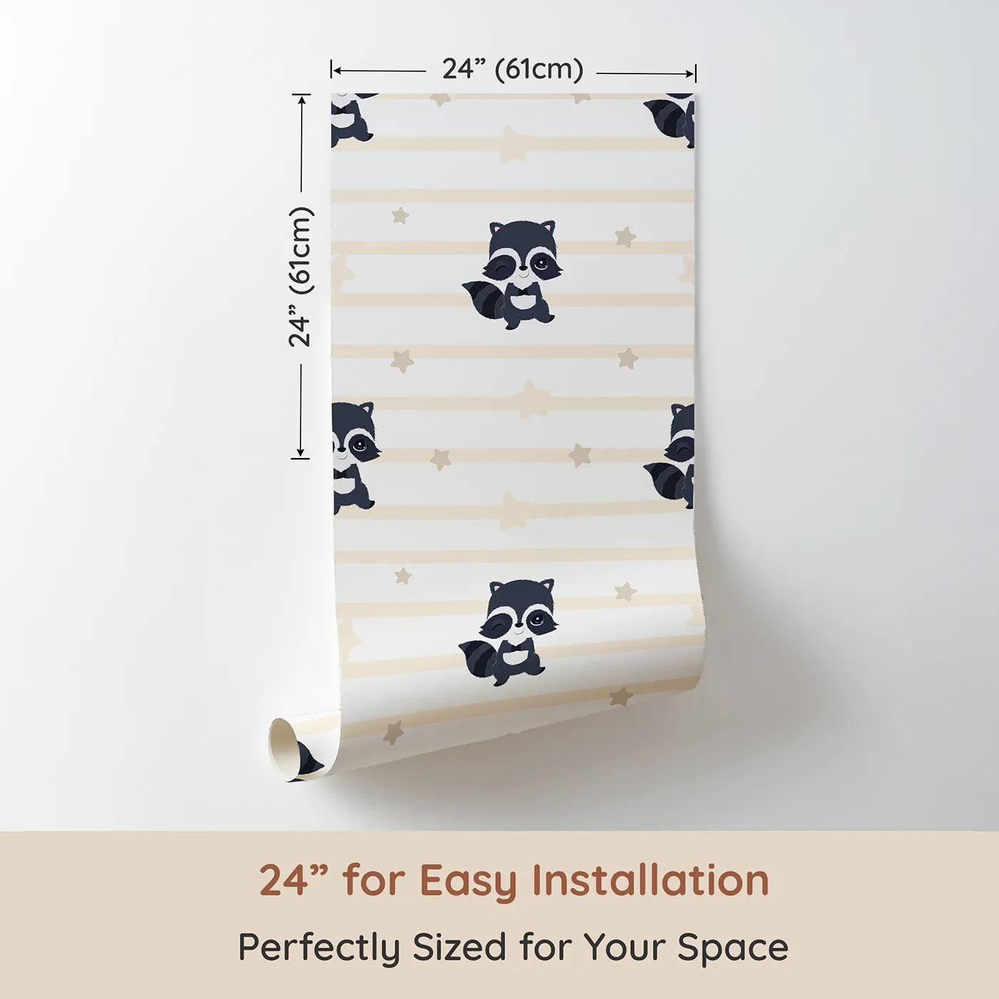 Dimension view of Whimsy Tots Starlit Raccoon Stripes Wallpaper in Cream (W3028C). Printed in 24-inch-wide panel for easy installation. Winking raccoons and gentle stars line up for a bedtime adventure.