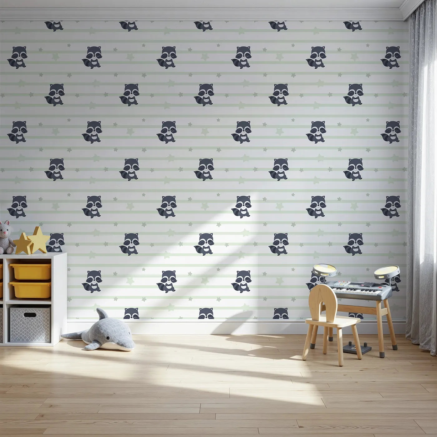 Front view of Whimsy Tots' Starlit Raccoon Stripes Wallpaper in Green