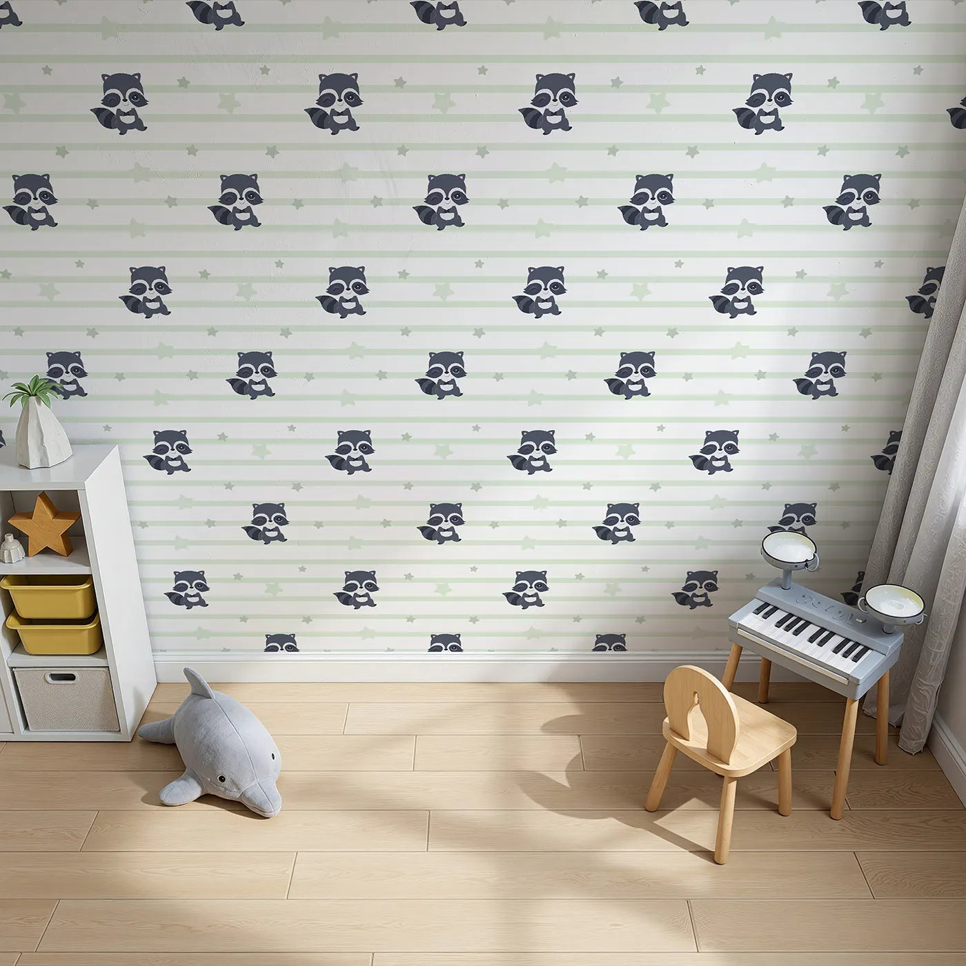 Top-Down view of Whimsy Tots' Starlit Raccoon Stripes Wallpaper in Green (W3028D).Winking raccoons and gentle stars line up for a bedtime adventure.