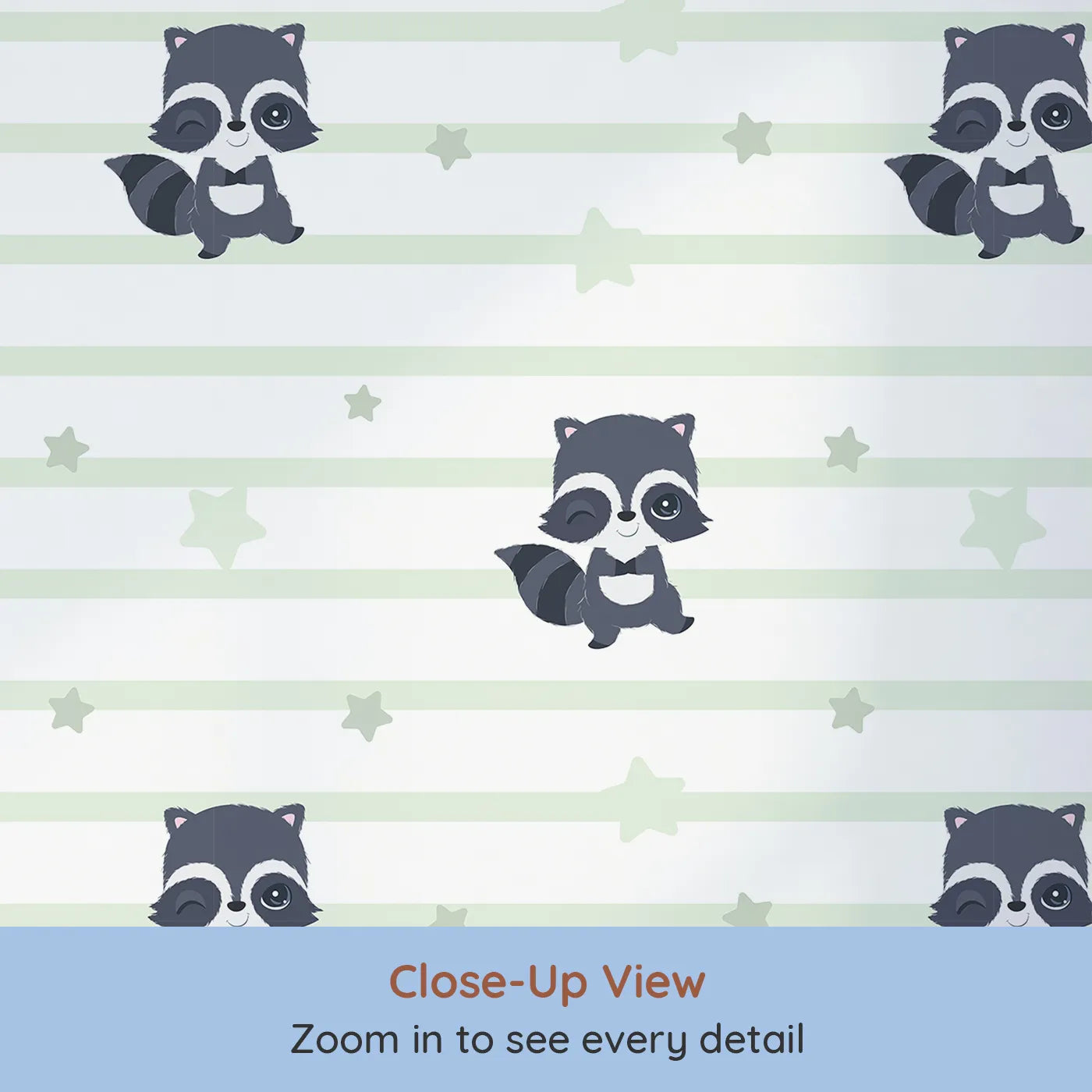 Close-up view of Whimsy Tots' Starlit Raccoon Stripes Wallpaper in Green (W3028D).Winking raccoons and gentle stars line up for a bedtime adventure.