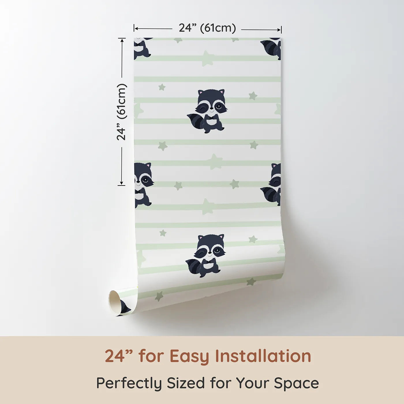 Dimension view of Whimsy Tots Starlit Raccoon Stripes Wallpaper in Green (W3028D). Printed in 24-inch-wide panel for easy installation. Winking raccoons and gentle stars line up for a bedtime adventure.