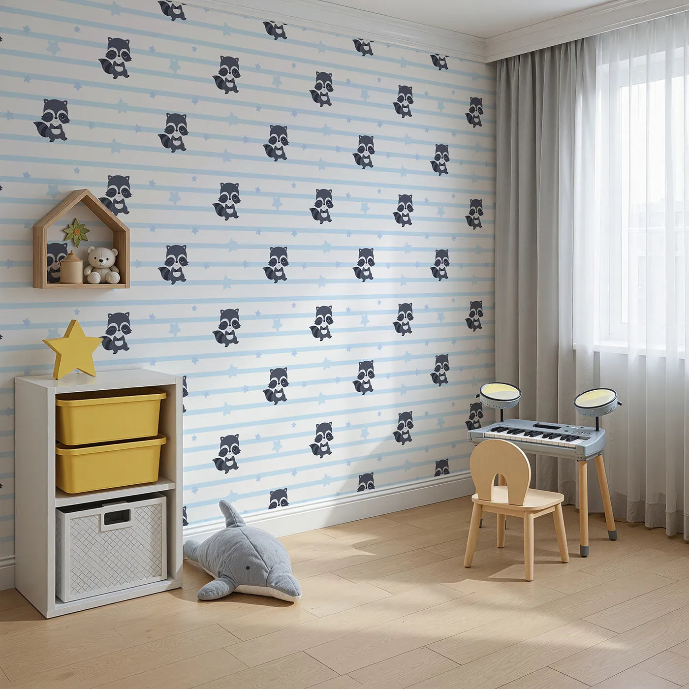 Angled view of Whimsy Tots' Starlit Raccoon Stripes Wallpaper in Blue (W3028E).Winking raccoons and gentle stars line up for a bedtime adventure.