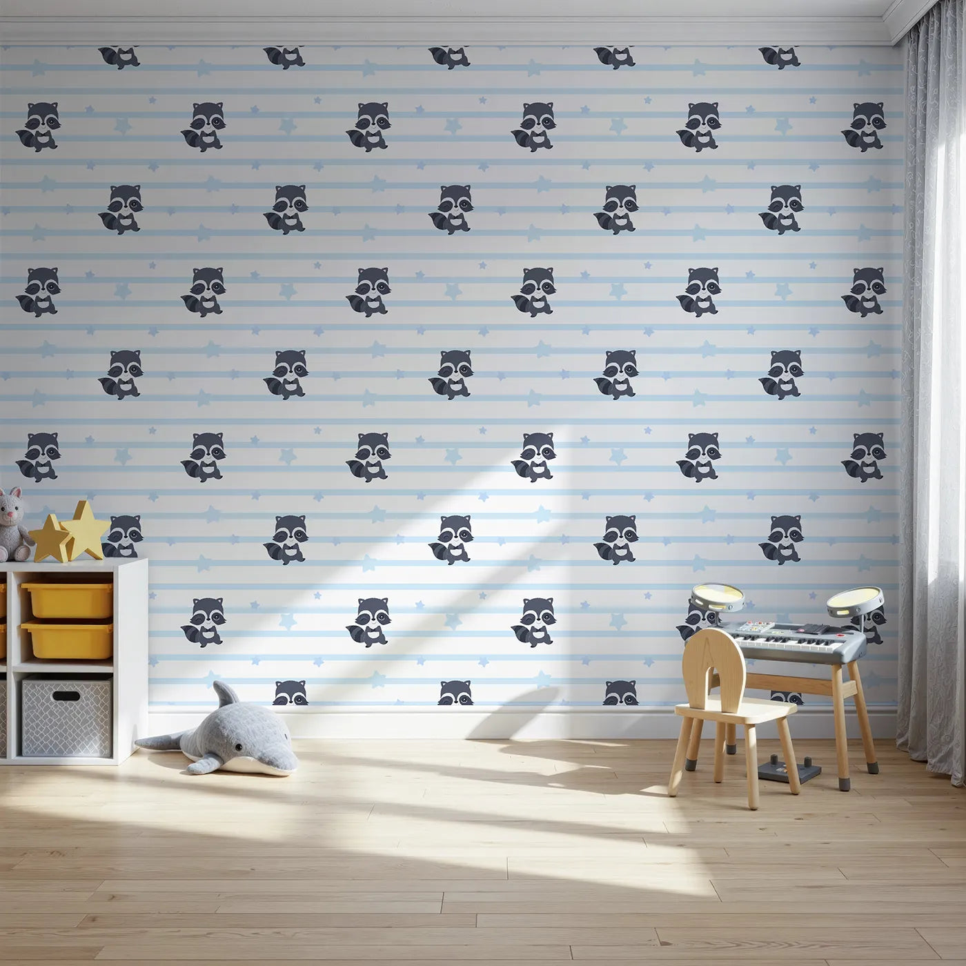 Front view of Whimsy Tots' Starlit Raccoon Stripes Wallpaper in Blue