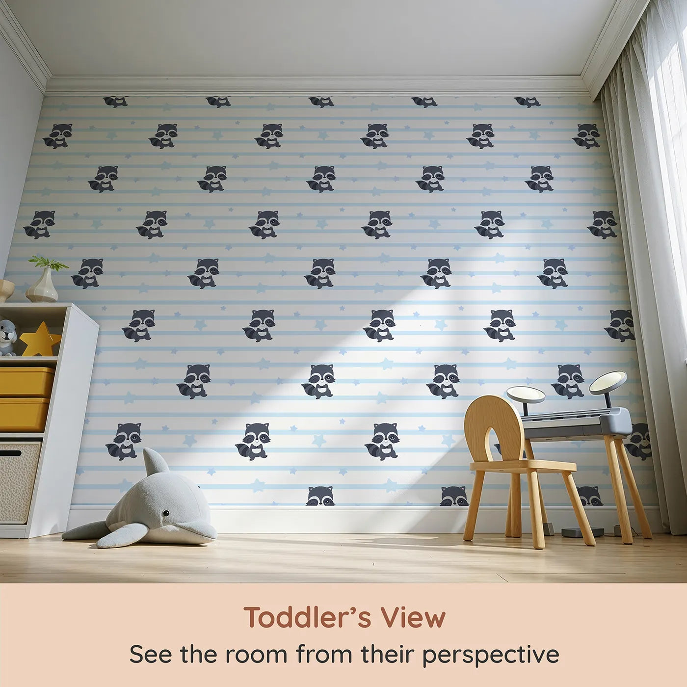 Whimsy Tots Starlit Raccoon Stripes Wallpaper in Blue (W3028E) from your child's view.Winking raccoons and gentle stars line up for a bedtime adventure.