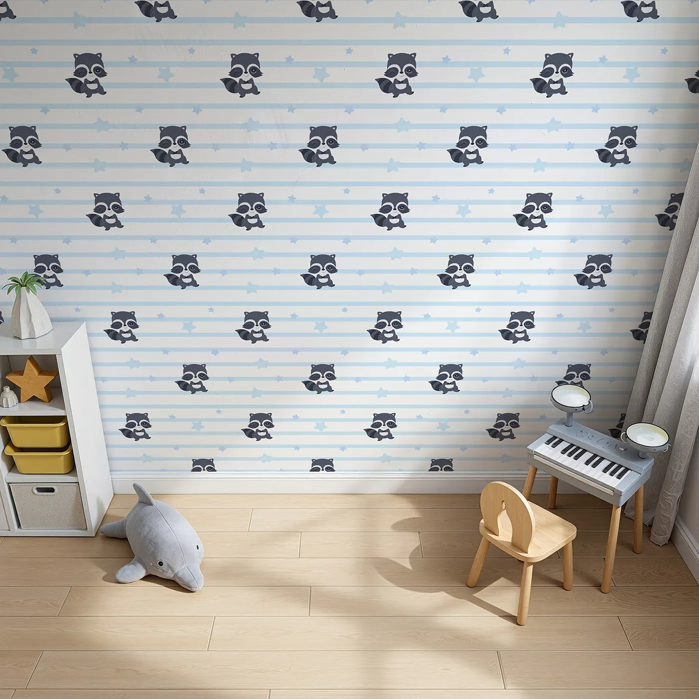 Top-Down view of Whimsy Tots' Starlit Raccoon Stripes Wallpaper in Blue (W3028E).Winking raccoons and gentle stars line up for a bedtime adventure.