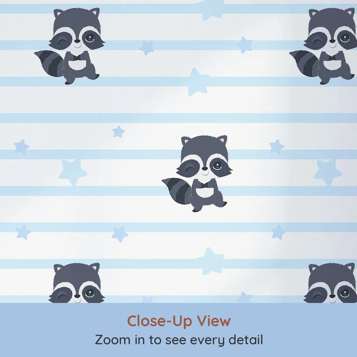 Close-up view of Whimsy Tots' Starlit Raccoon Stripes Wallpaper in Blue (W3028E).Winking raccoons and gentle stars line up for a bedtime adventure.