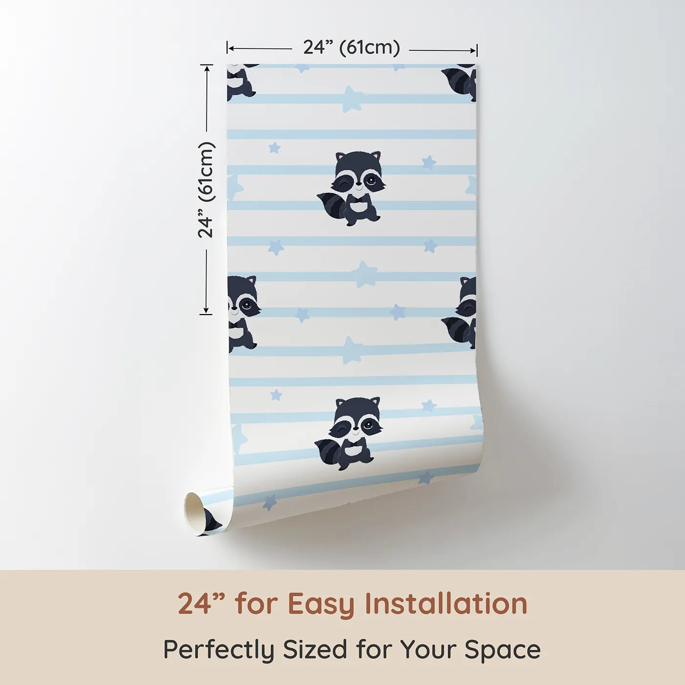 Dimension view of Whimsy Tots Starlit Raccoon Stripes Wallpaper in Blue (W3028E). Printed in 24-inch-wide panel for easy installation. Winking raccoons and gentle stars line up for a bedtime adventure.