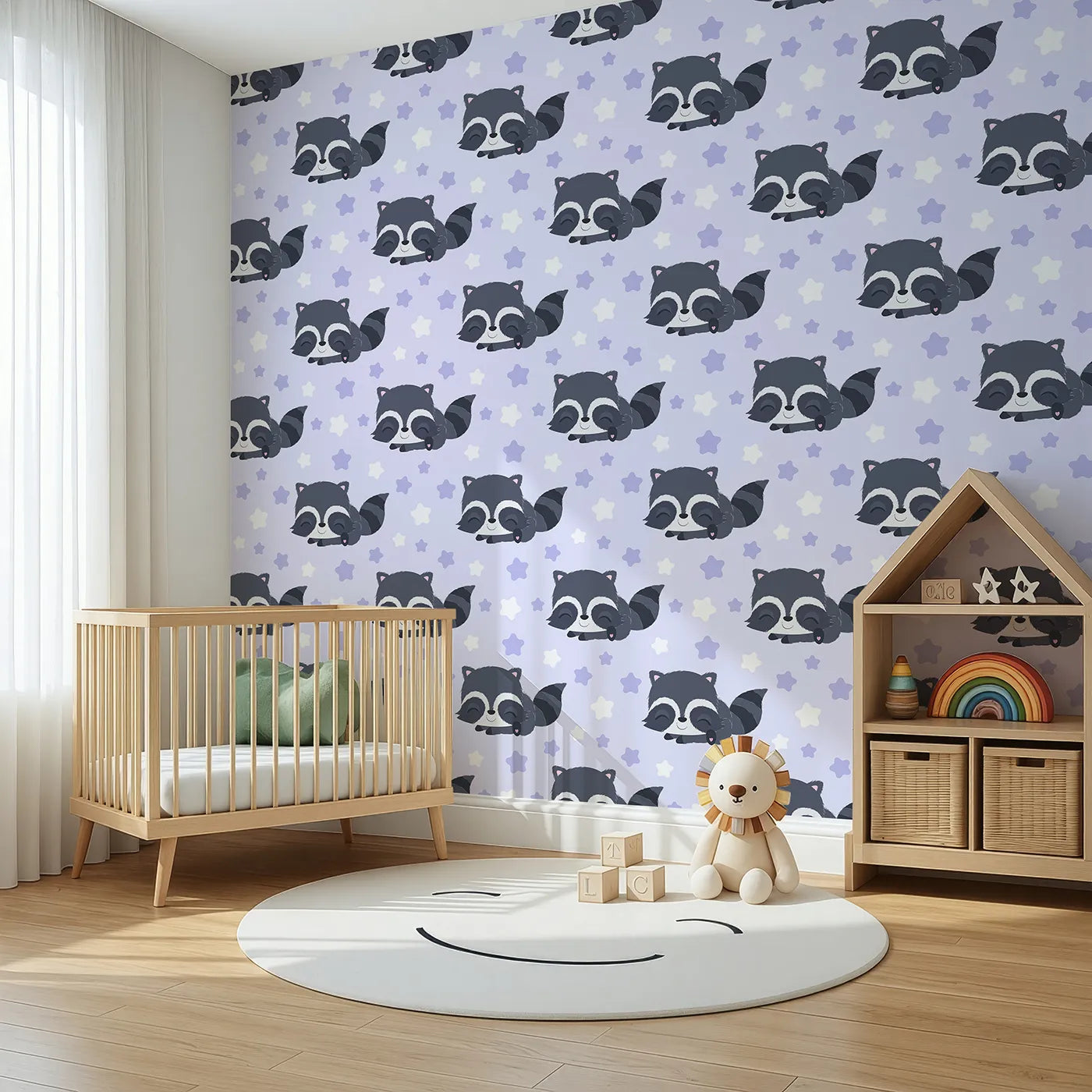 Angled view of Whimsy Tots' Raccoon Dream Stars Wallpaper in Purple (W3029A).Gentle raccoons and sleepy stars bring sweet dreams to life.
