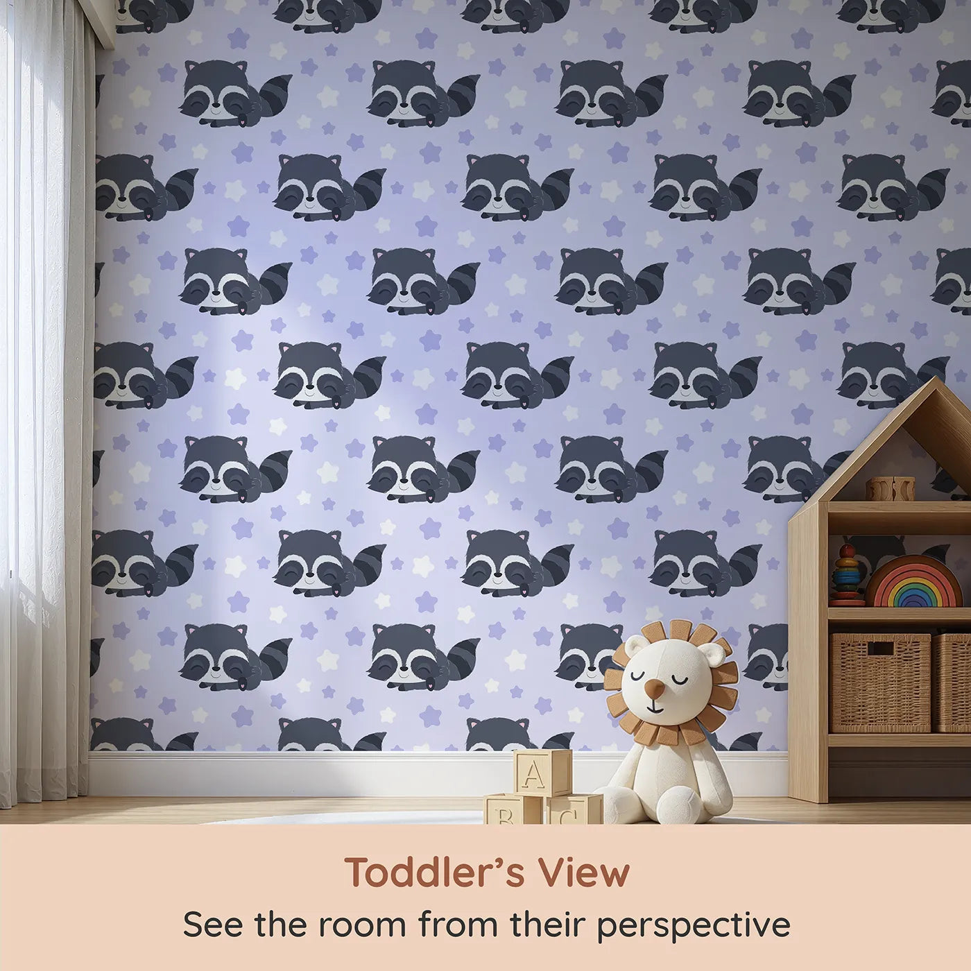 Whimsy Tots Raccoon Dream Stars Wallpaper in Purple (W3029A) from your child's view.Gentle raccoons and sleepy stars bring sweet dreams to life.
