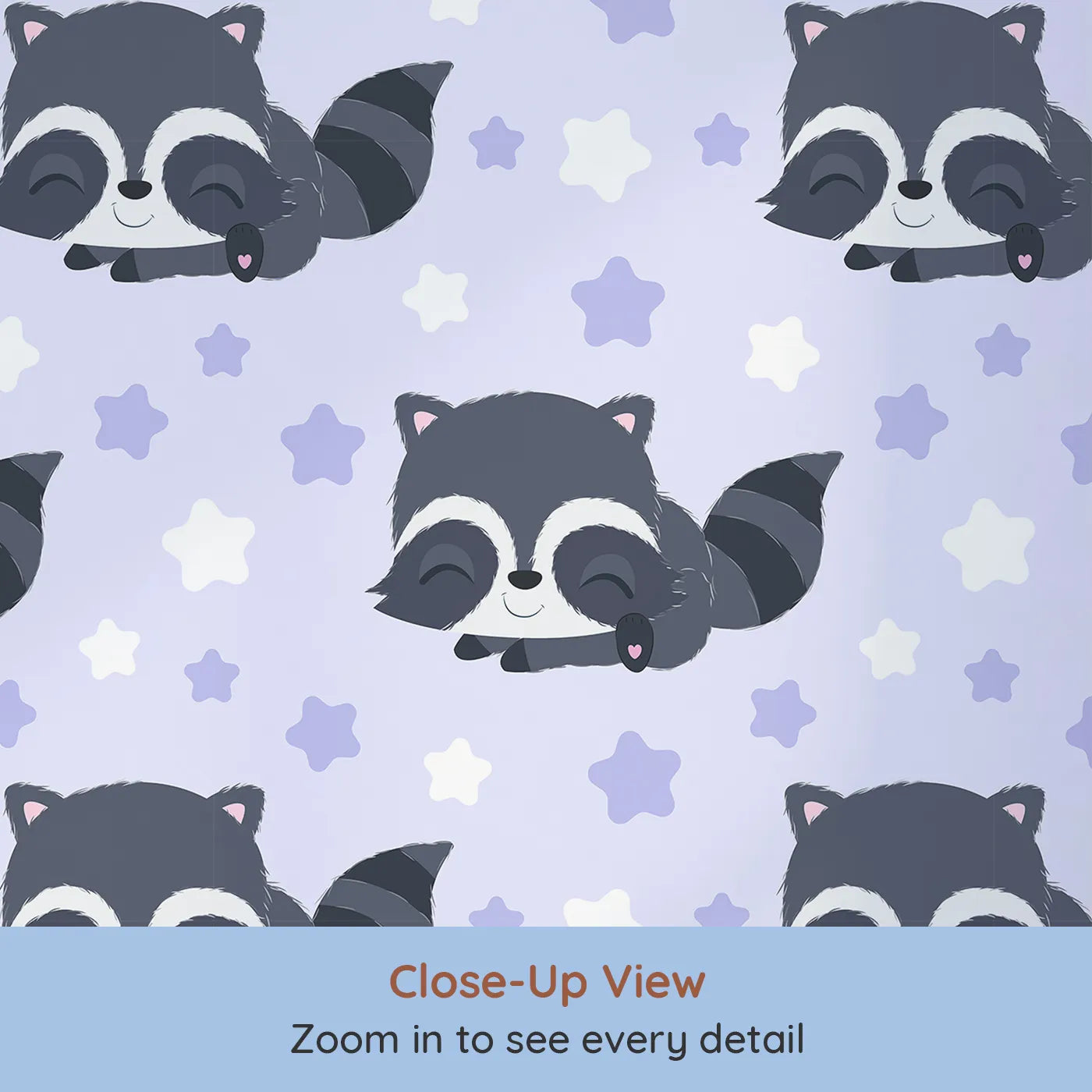 Close-up view of Whimsy Tots' Raccoon Dream Stars Wallpaper in Purple (W3029A).Gentle raccoons and sleepy stars bring sweet dreams to life.