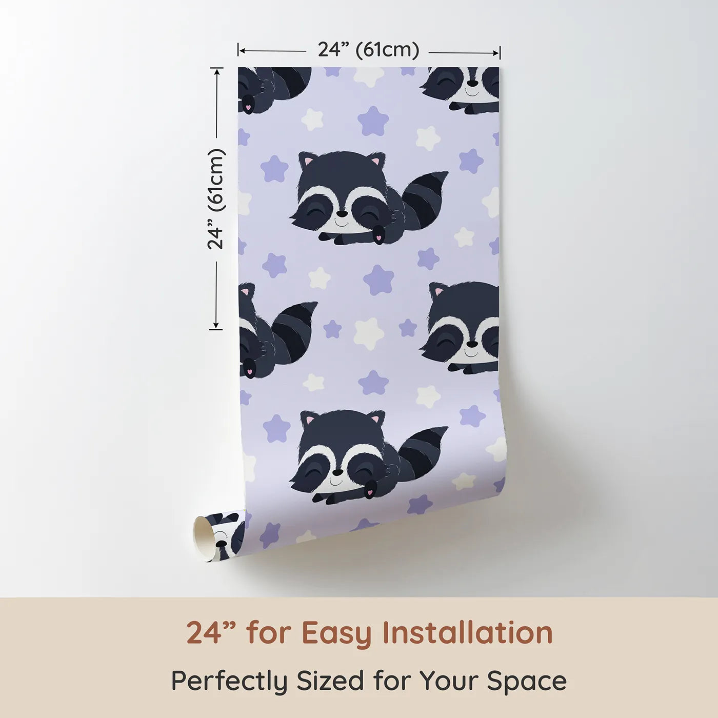 Dimension view of Whimsy Tots Raccoon Dream Stars Wallpaper in Purple (W3029A). Printed in 24-inch-wide panel for easy installation. Gentle raccoons and sleepy stars bring sweet dreams to life.
