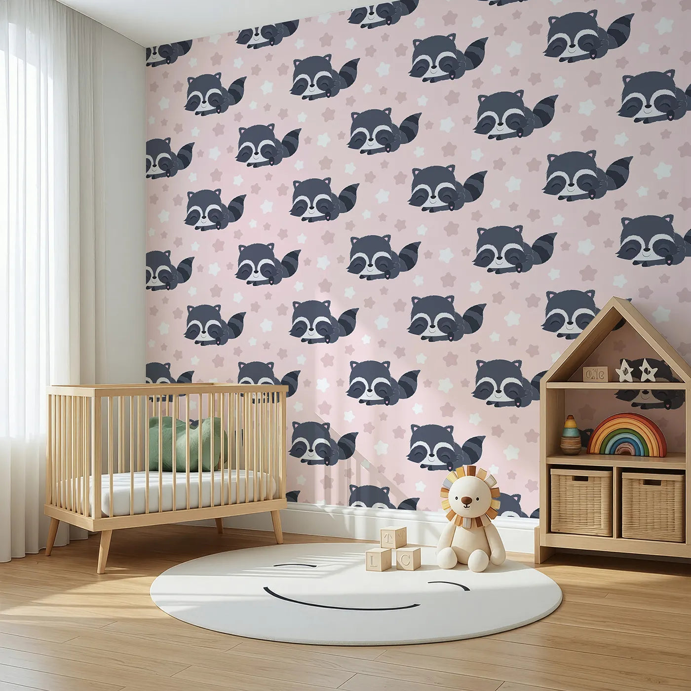 Angled view of Whimsy Tots' Raccoon Dream Stars Wallpaper in Pink (W3029B).Gentle raccoons and sleepy stars bring sweet dreams to life.