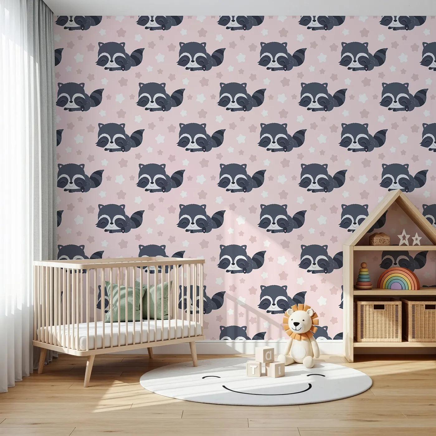Front view of Whimsy Tots' Raccoon Dream Stars Wallpaper in Pink
