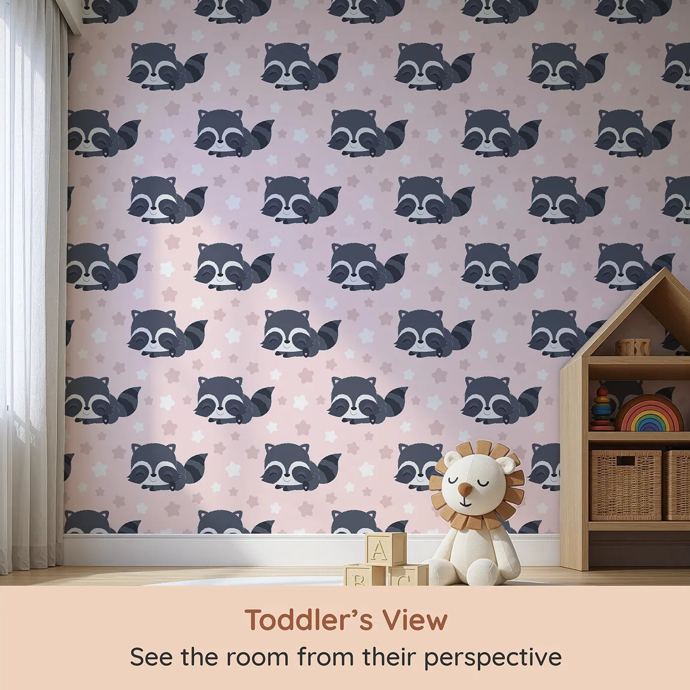 Whimsy Tots Raccoon Dream Stars Wallpaper in Pink (W3029B) from your child's view.Gentle raccoons and sleepy stars bring sweet dreams to life.