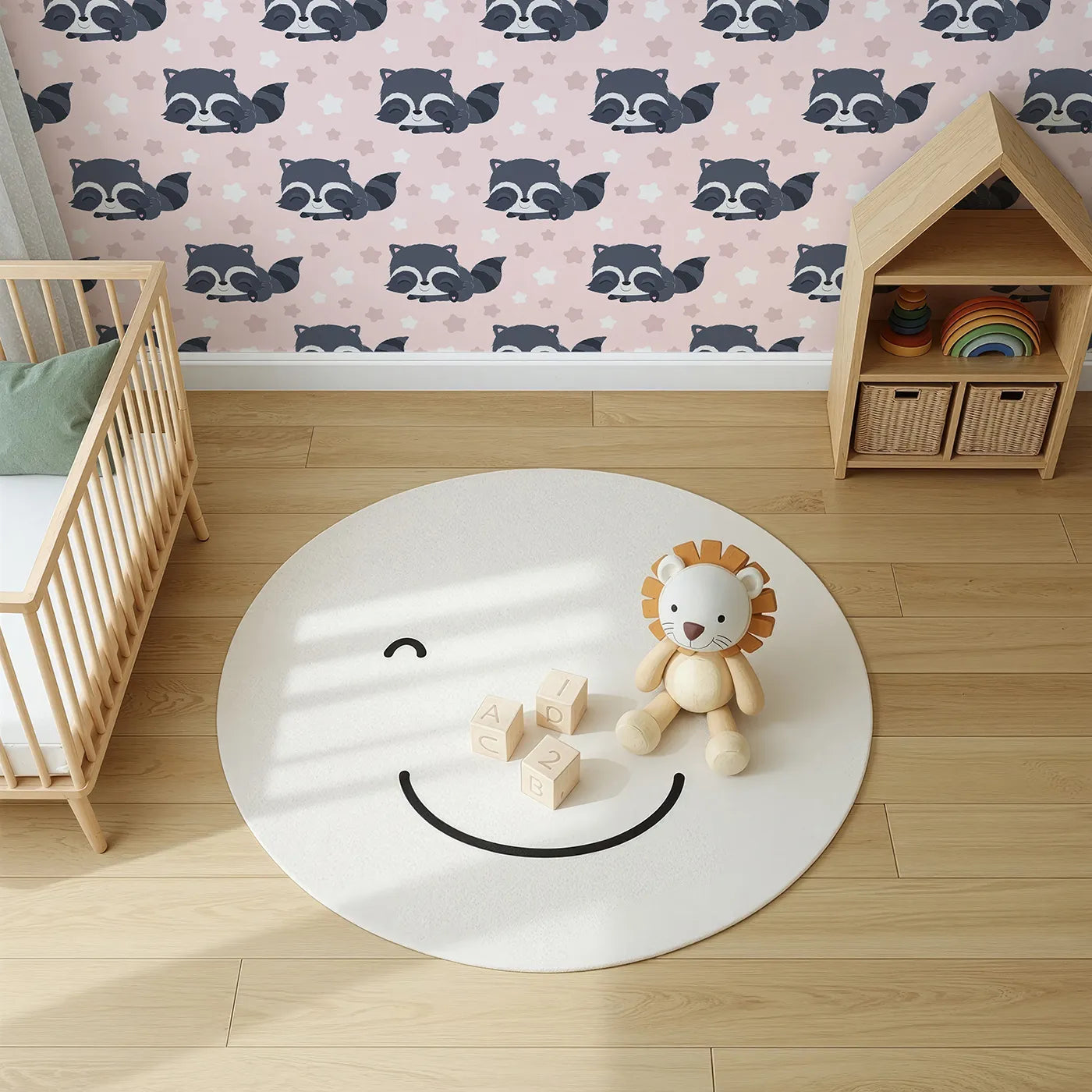 Top-Down view of Whimsy Tots' Raccoon Dream Stars Wallpaper in Pink (W3029B).Gentle raccoons and sleepy stars bring sweet dreams to life.