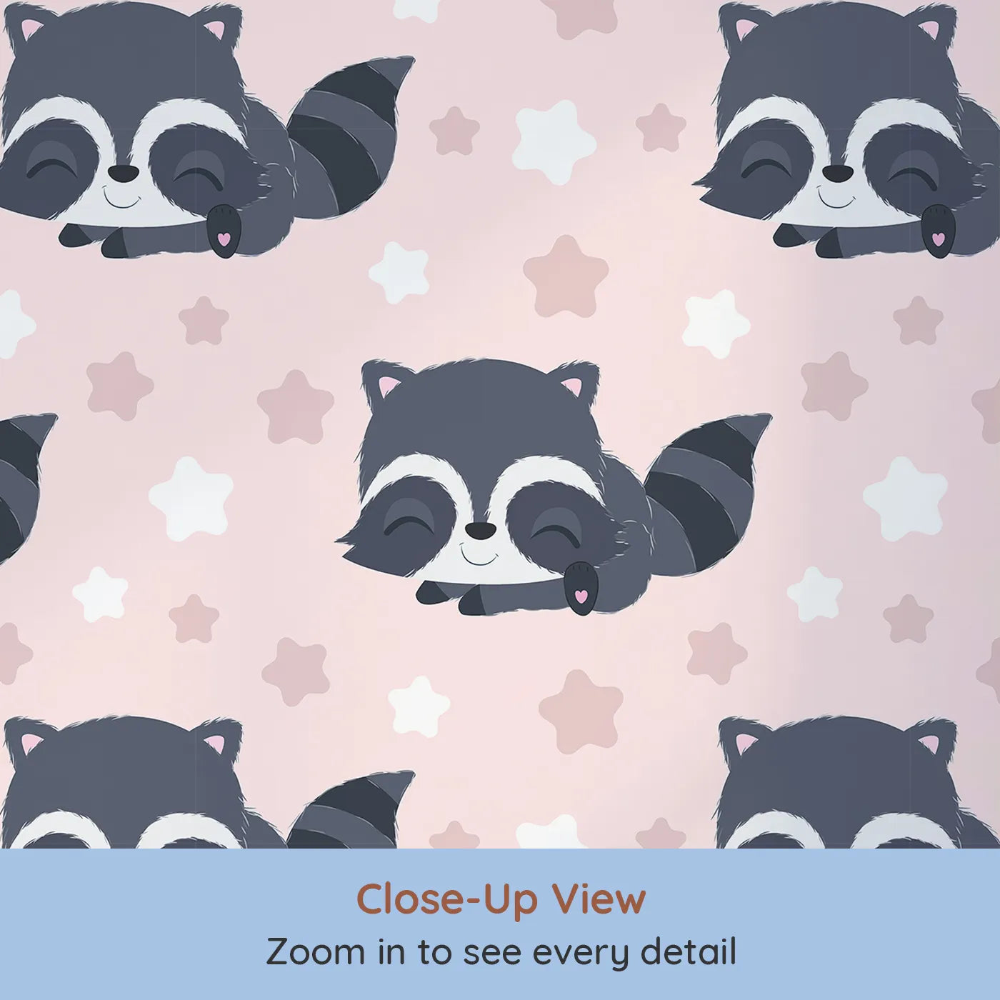 Close-up view of Whimsy Tots' Raccoon Dream Stars Wallpaper in Pink (W3029B).Gentle raccoons and sleepy stars bring sweet dreams to life.